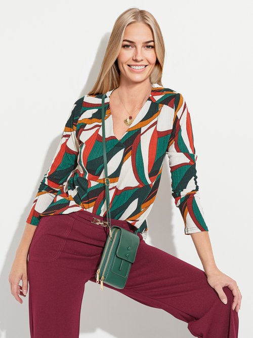 T-shirt évasé col V imprimé graphique multicolore Femme Vert CORRADO MV1