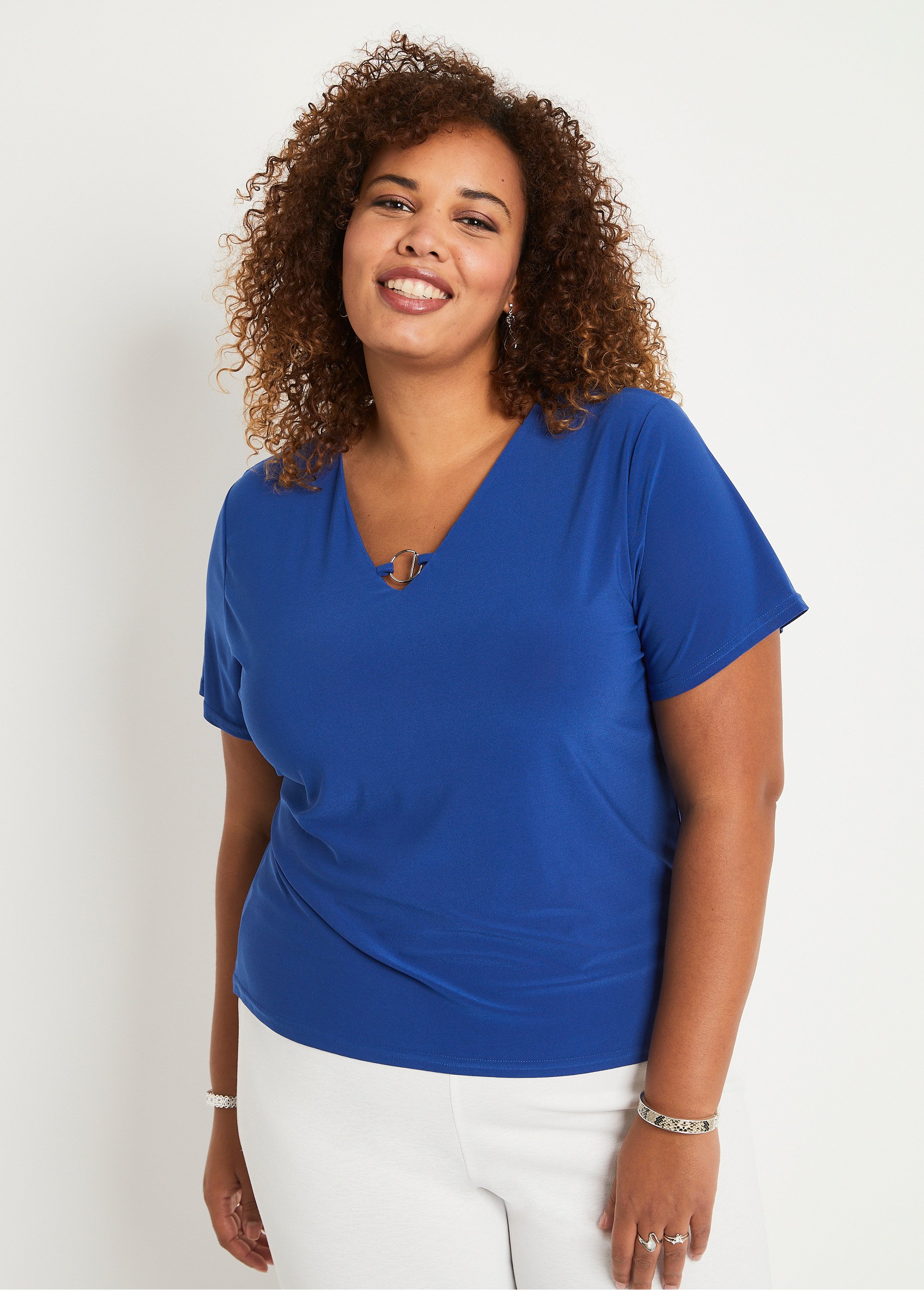 T-shirt manches courtes uni ou imprimé Femme Grande Taille Bleu CELY FA2