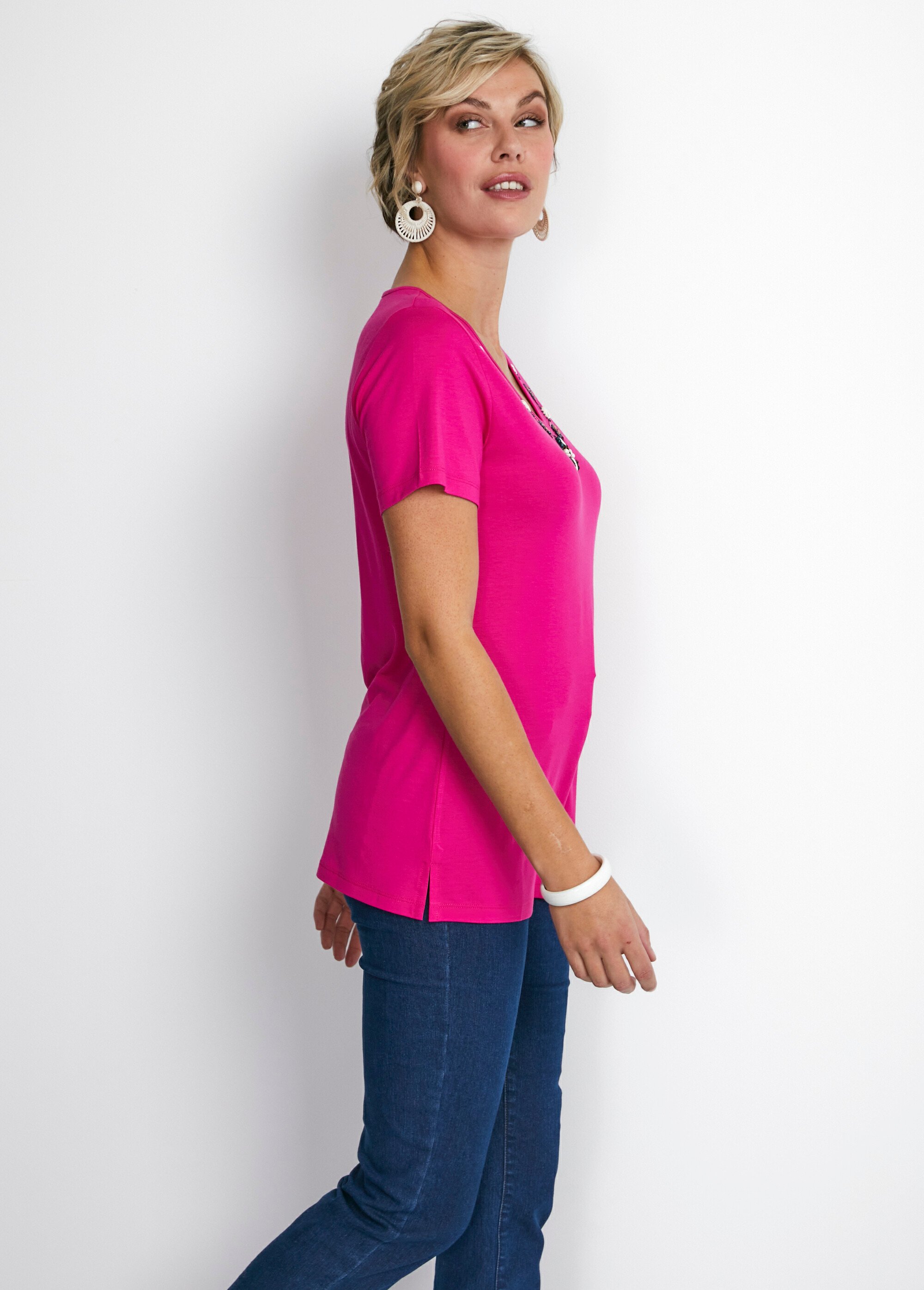 Tee-shirt long col V bijou Femme Rose CEZAC DR1