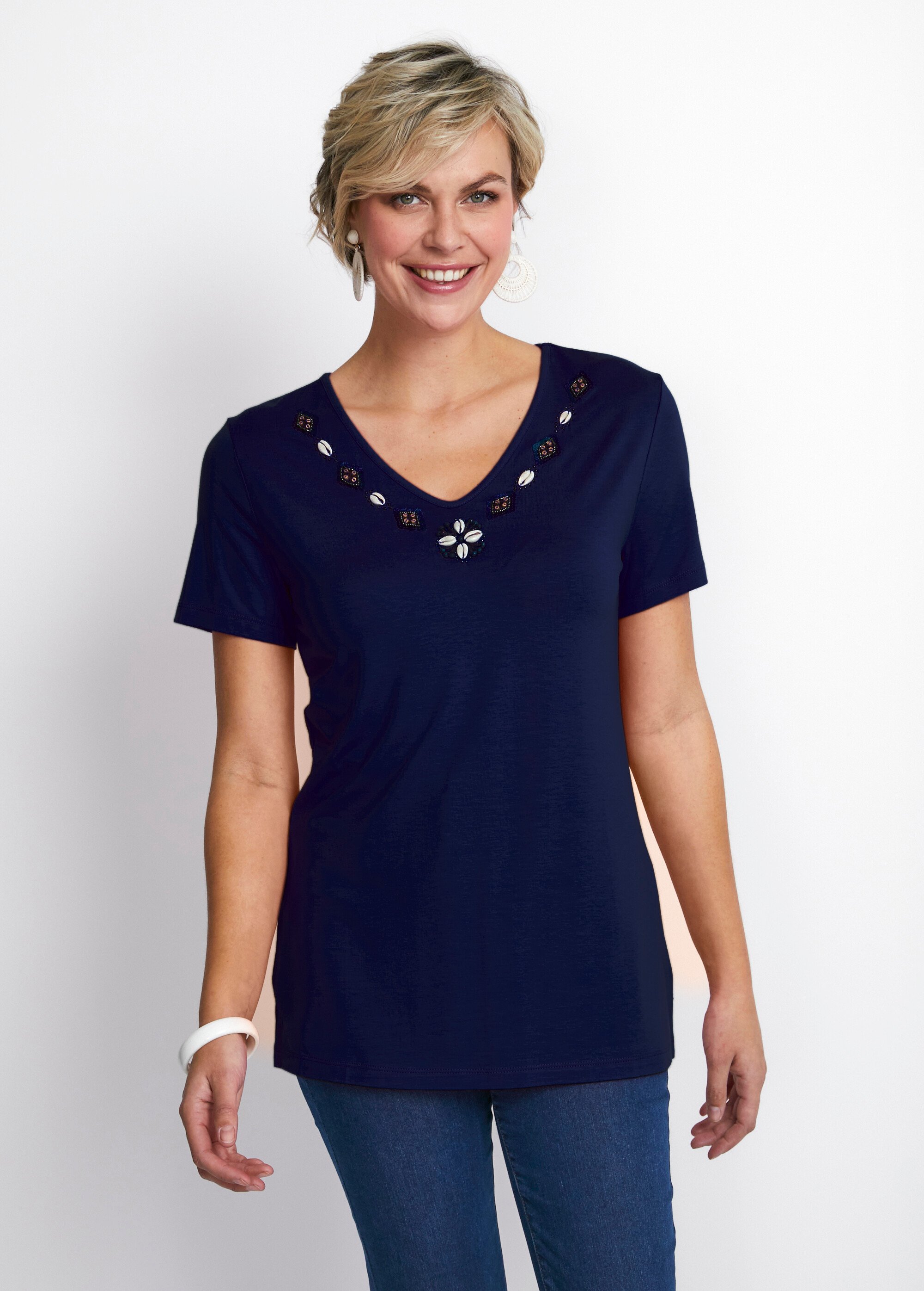 Tee-shirt long col V bijou