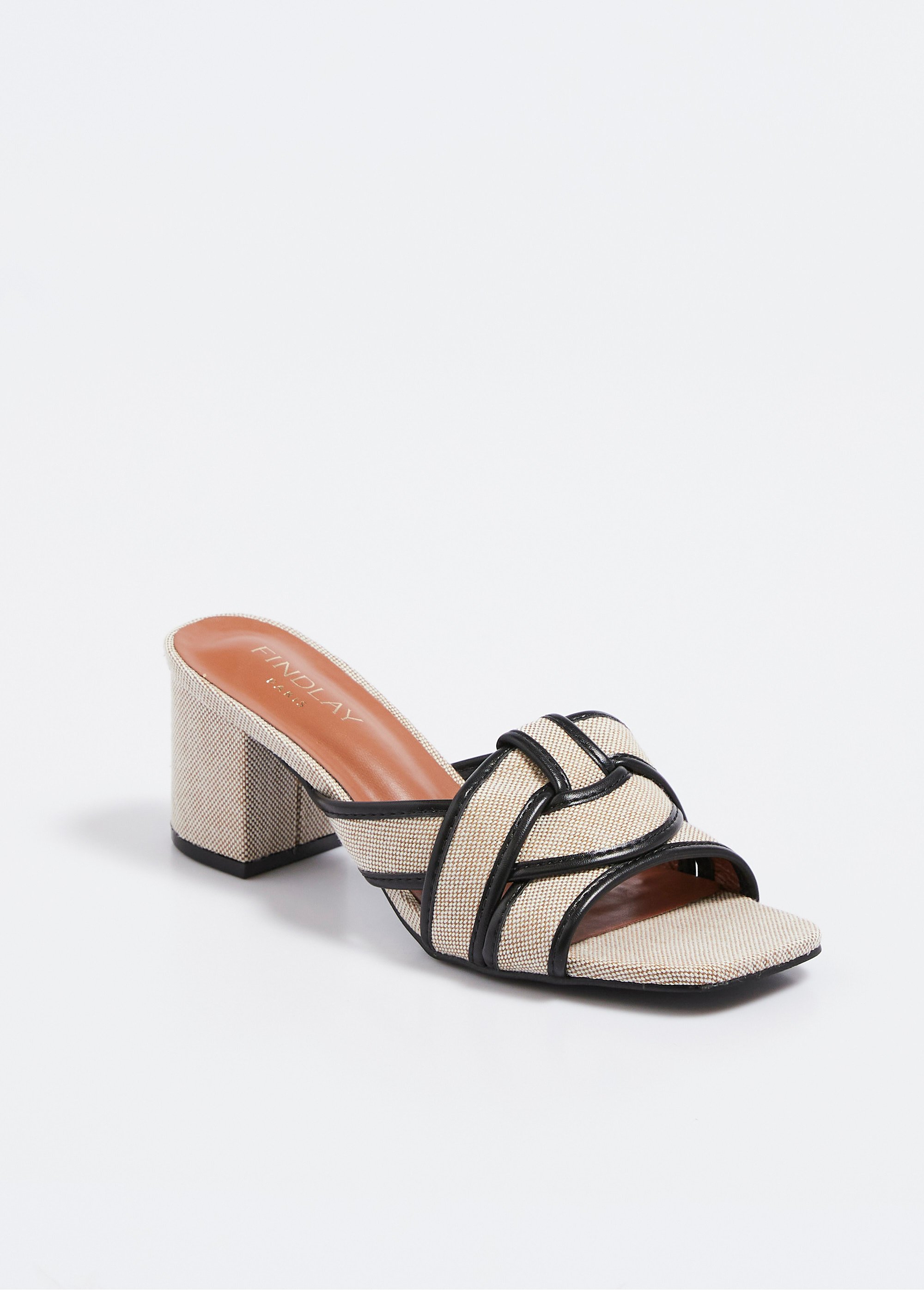 Mules à talon en textile, effet graphique