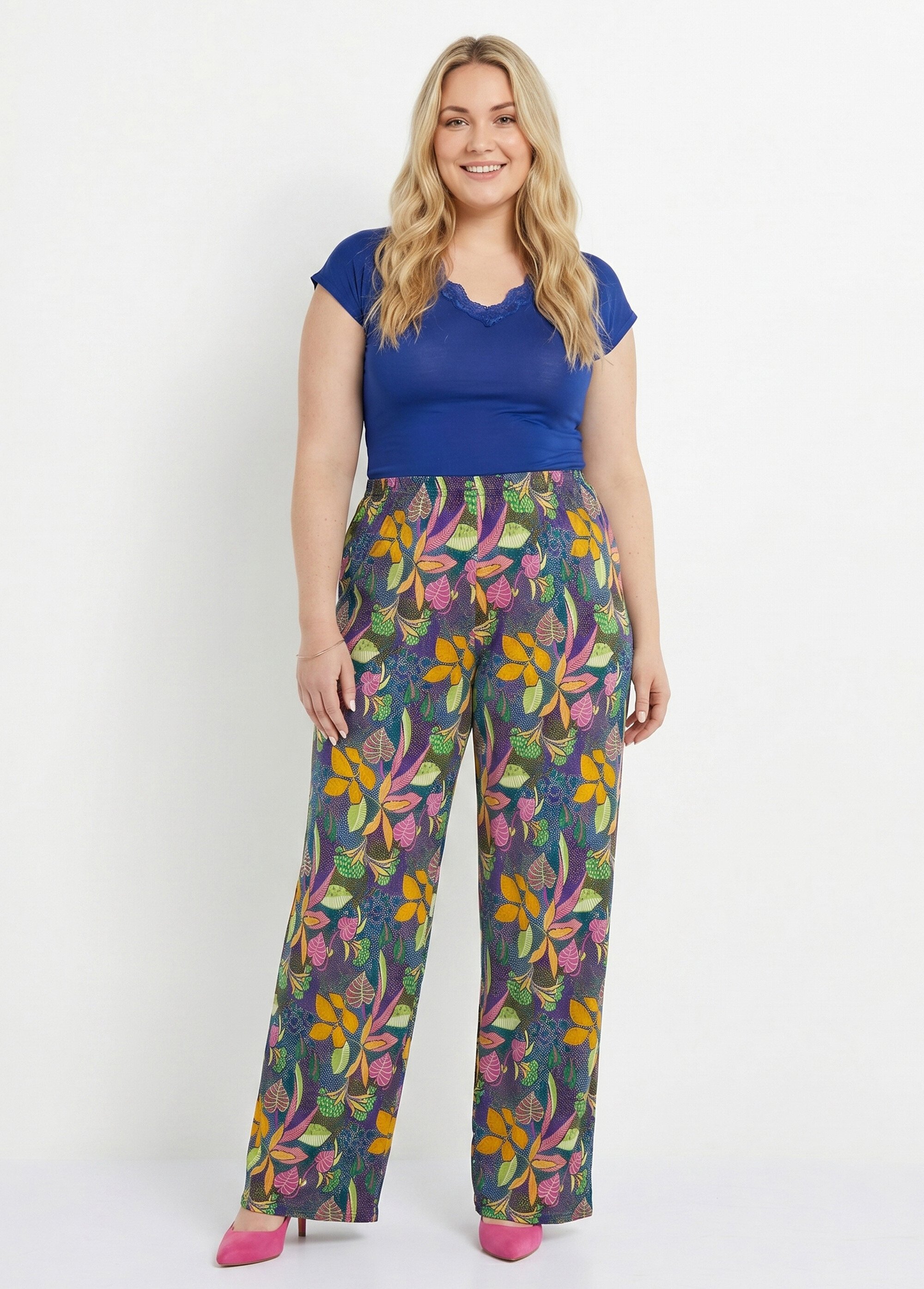 Pantalon fluide taille élastiquée maille Femme Grande Taille ROSE ET JAUNE NIVEROLE MV1