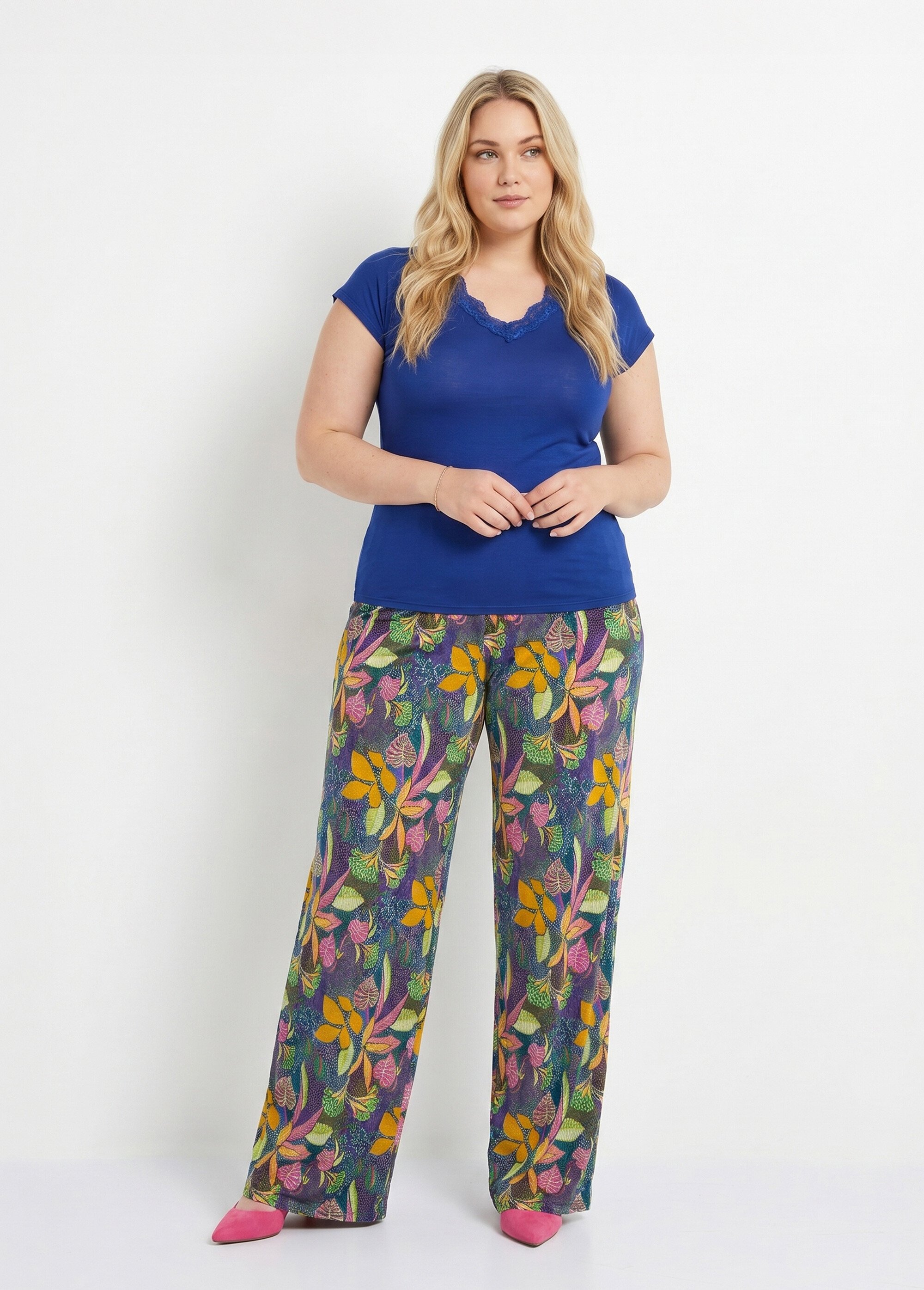 Pantalon fluide taille élastiquée maille Femme Grande Taille ROSE ET JAUNE NIVEROLE SI1