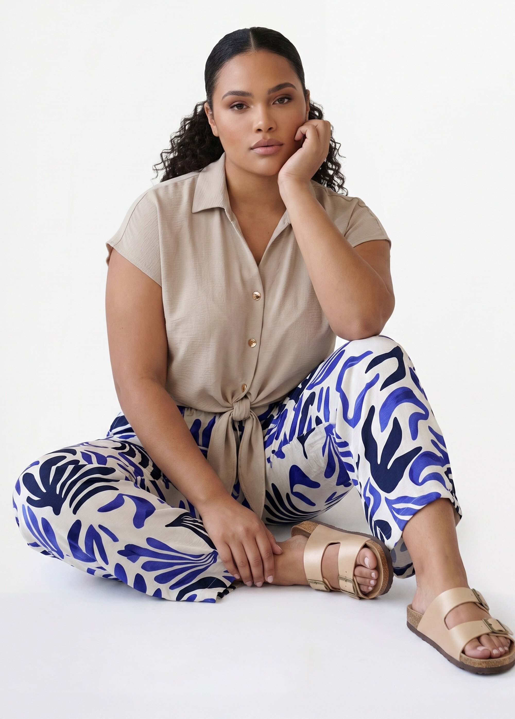 Pantalon large imprimé abstrait Femme Grande Taille Bleu JB-A7164 MV1