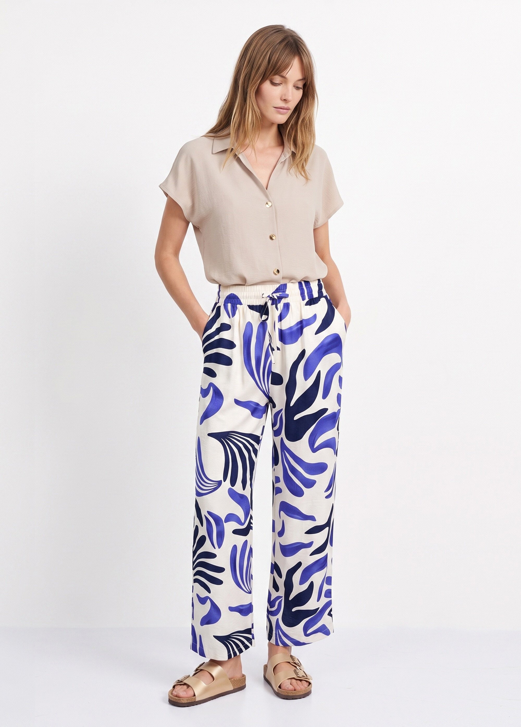 Pantalon large imprimé abstrait Femme Bleu JB-A7164 SF1