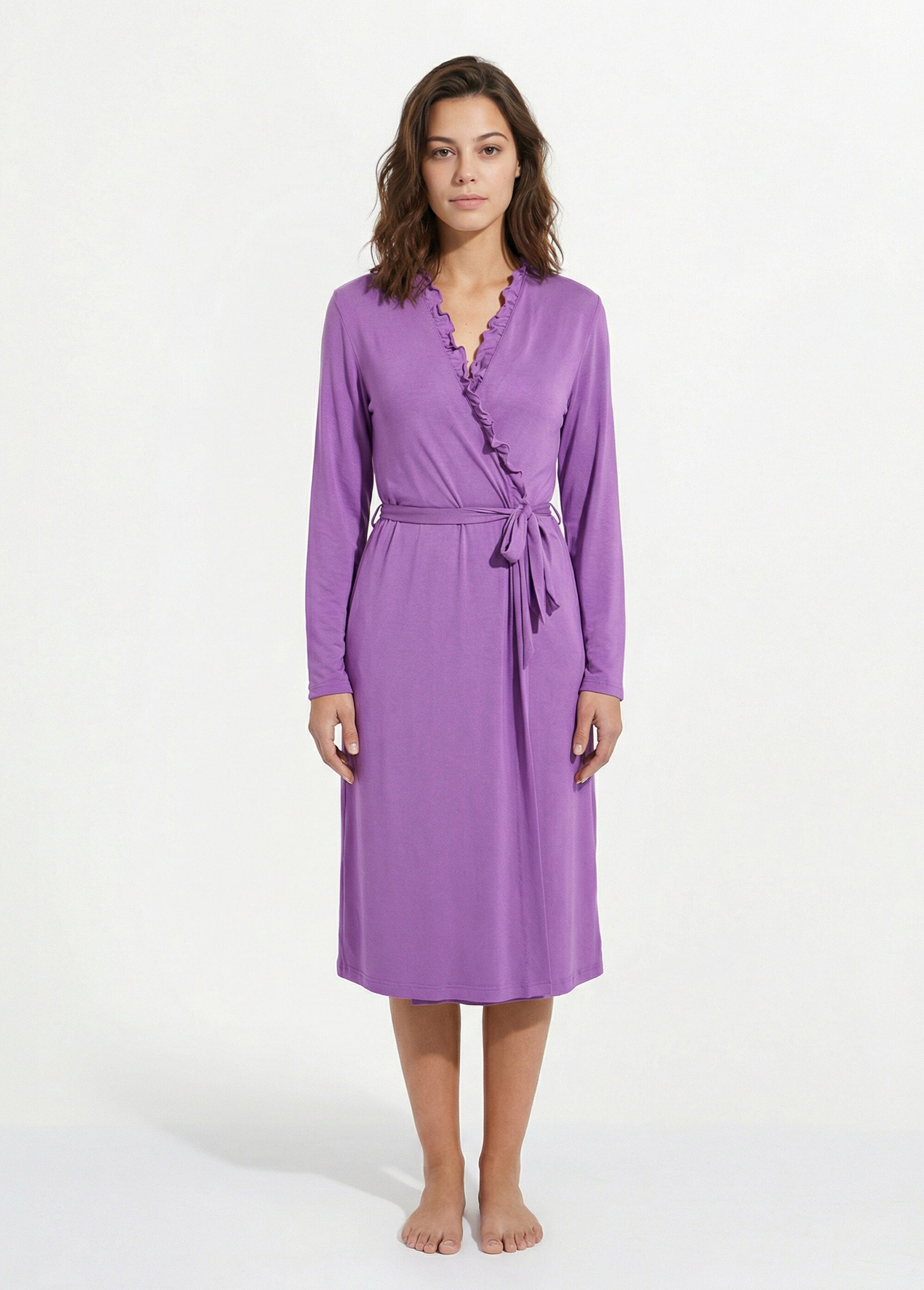 Peignoir kimono volanté manches longues Femme Violet SABAC FA1