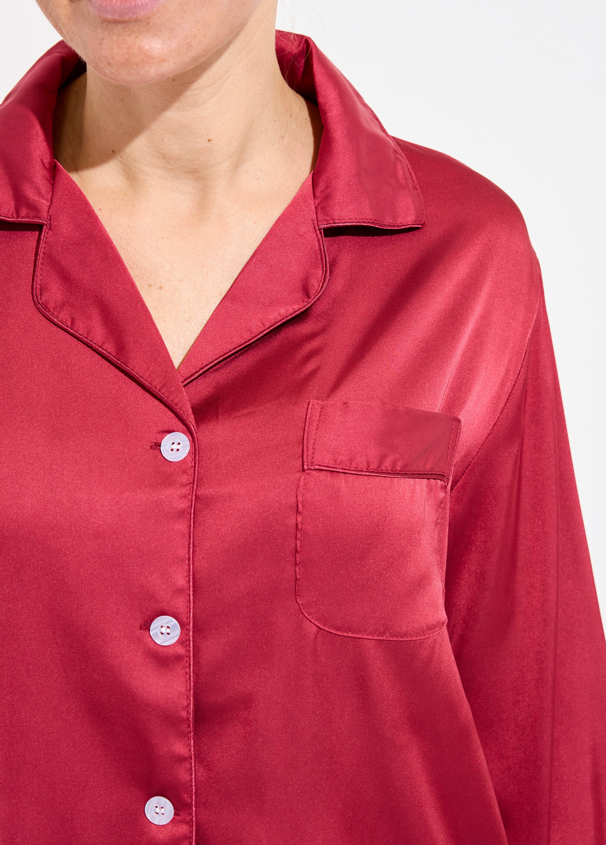 Pyjama long col tailleur en satin uni Femme Rouge H-N2101-01 DE1