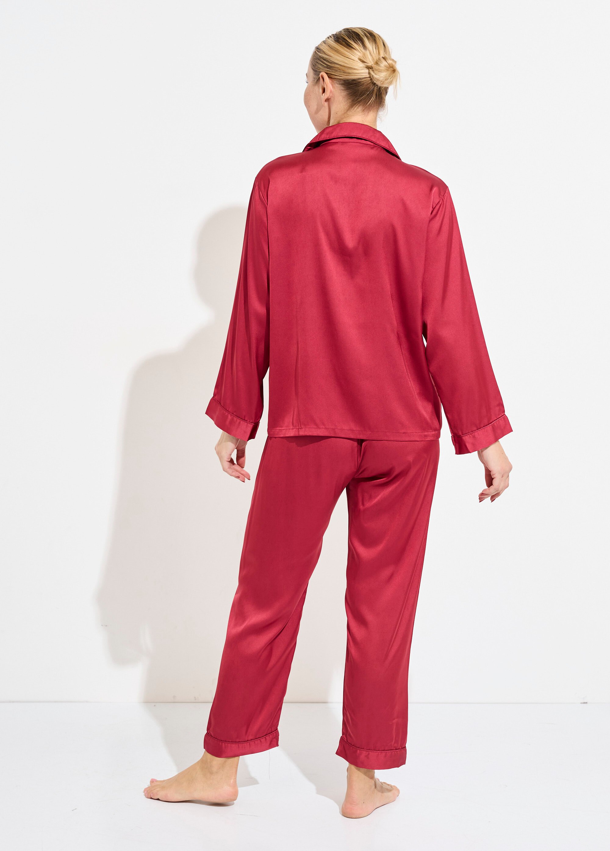 Pyjama long col tailleur en satin uni Femme Rouge H-N2101-01 DO1