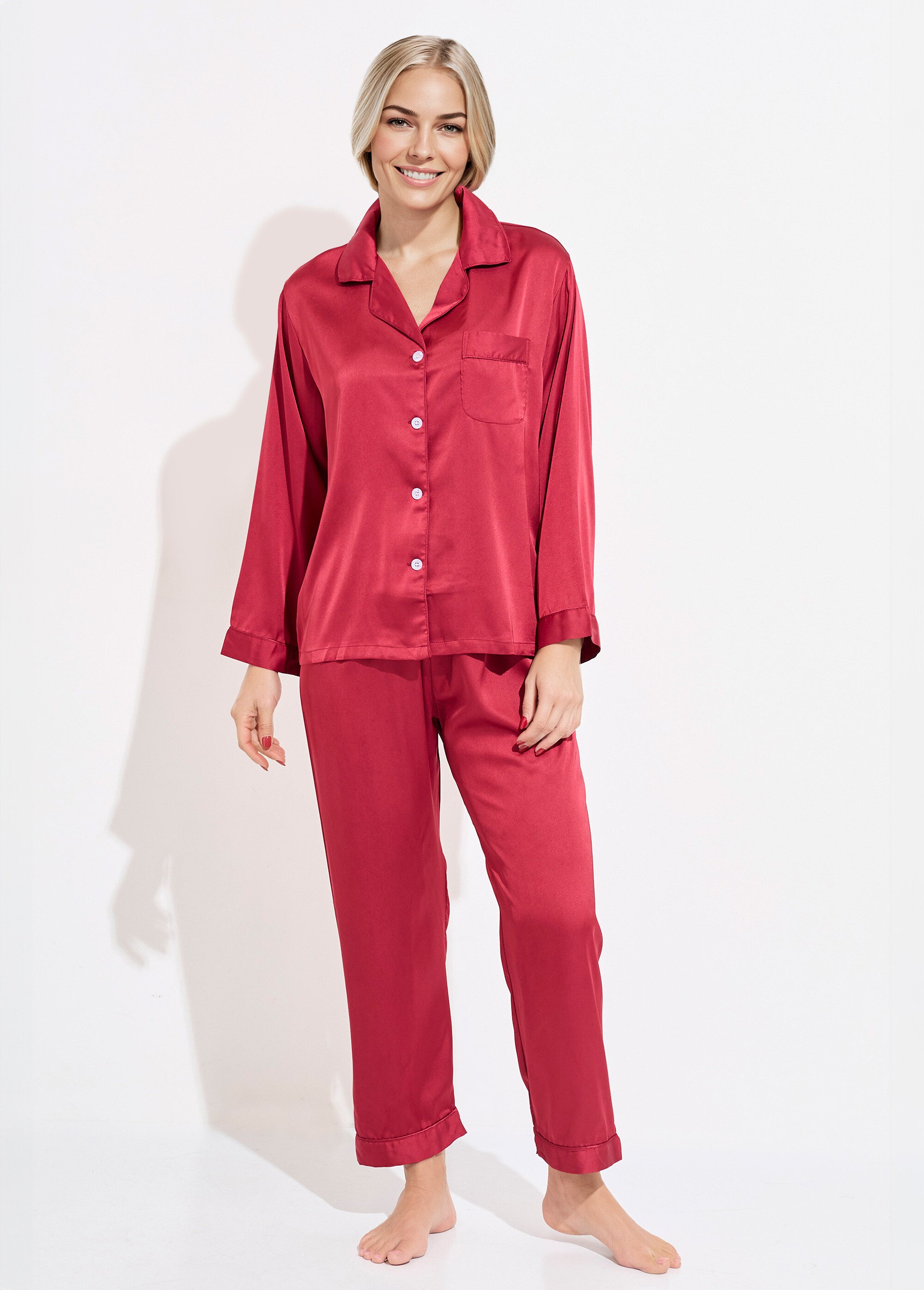 Pyjama long col tailleur en satin uni Femme Rouge H-N2101-01 FA1