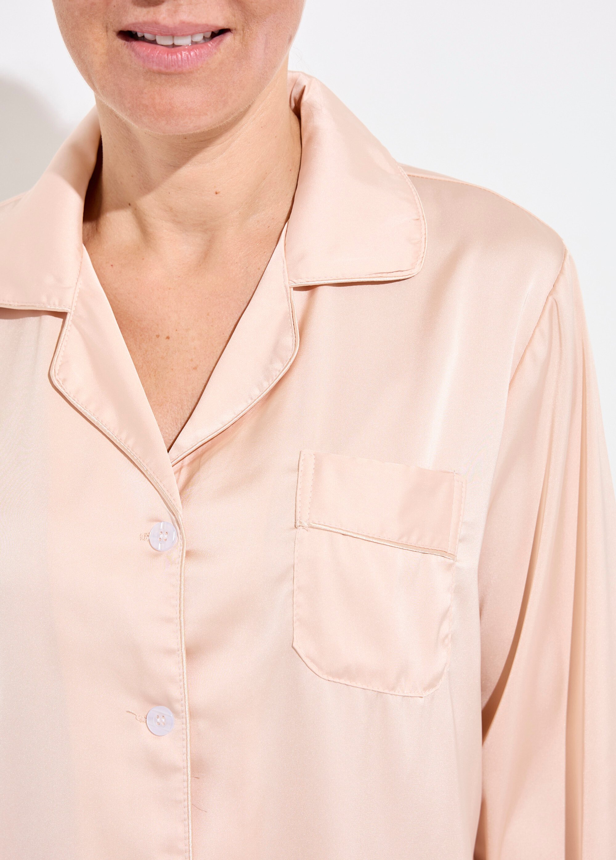 Pyjama long col tailleur en satin uni Femme Beige H-N2101-01 DE1