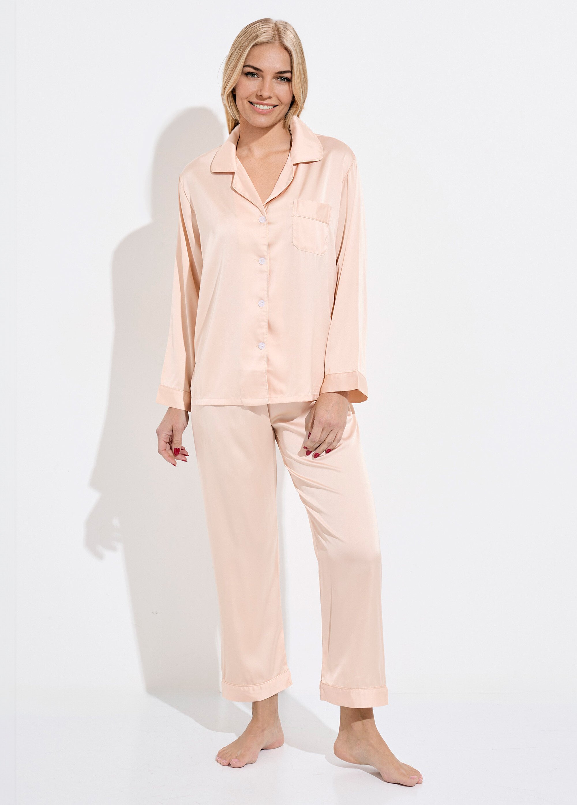 Pyjama long col tailleur en satin uni Femme Beige H-N2101-01 FA1