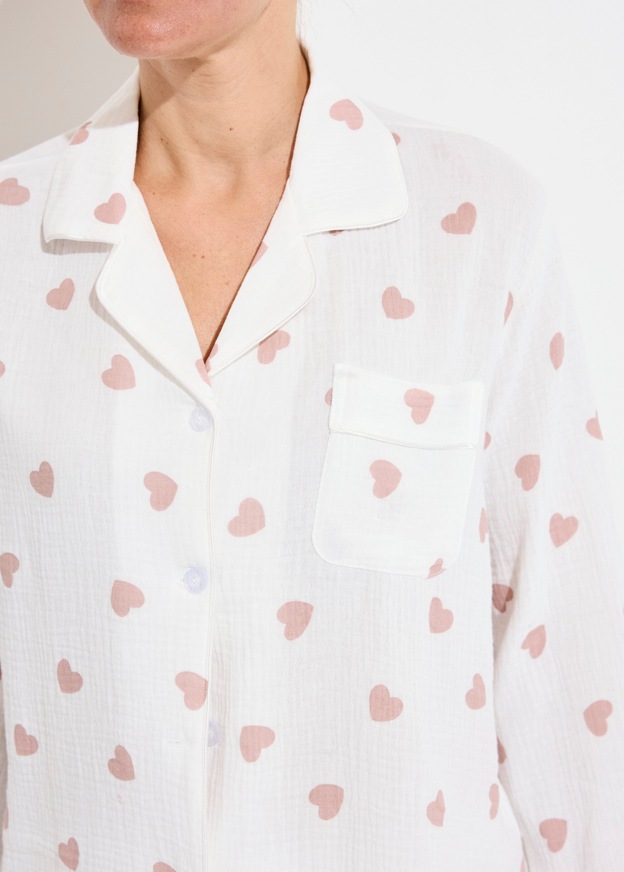 Pyjama long en gaze de coton motif cœurs Femme Blanc H-NPJT192 DE1