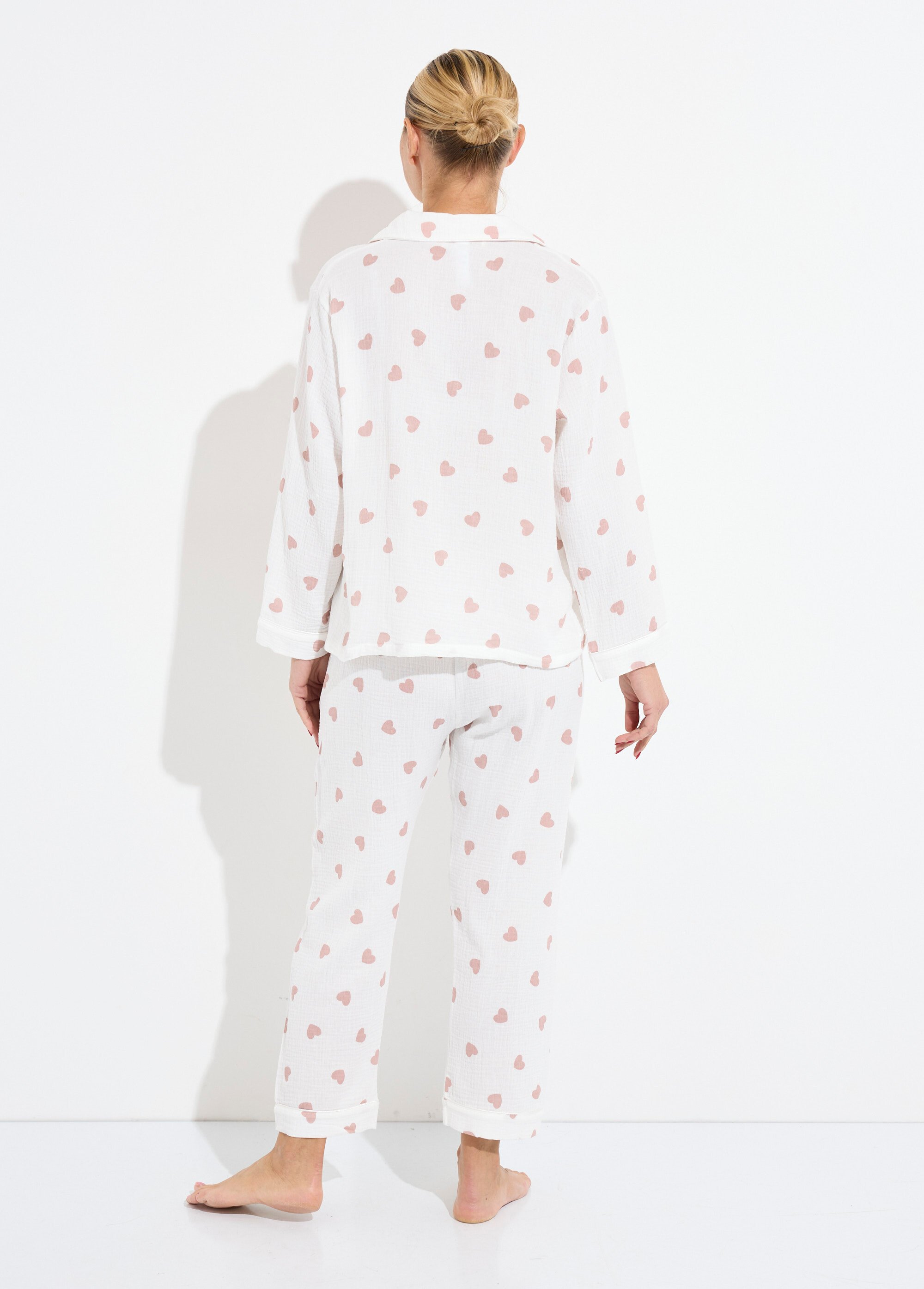 Pyjama long en gaze de coton motif cœurs Femme Blanc H-NPJT192 DO1