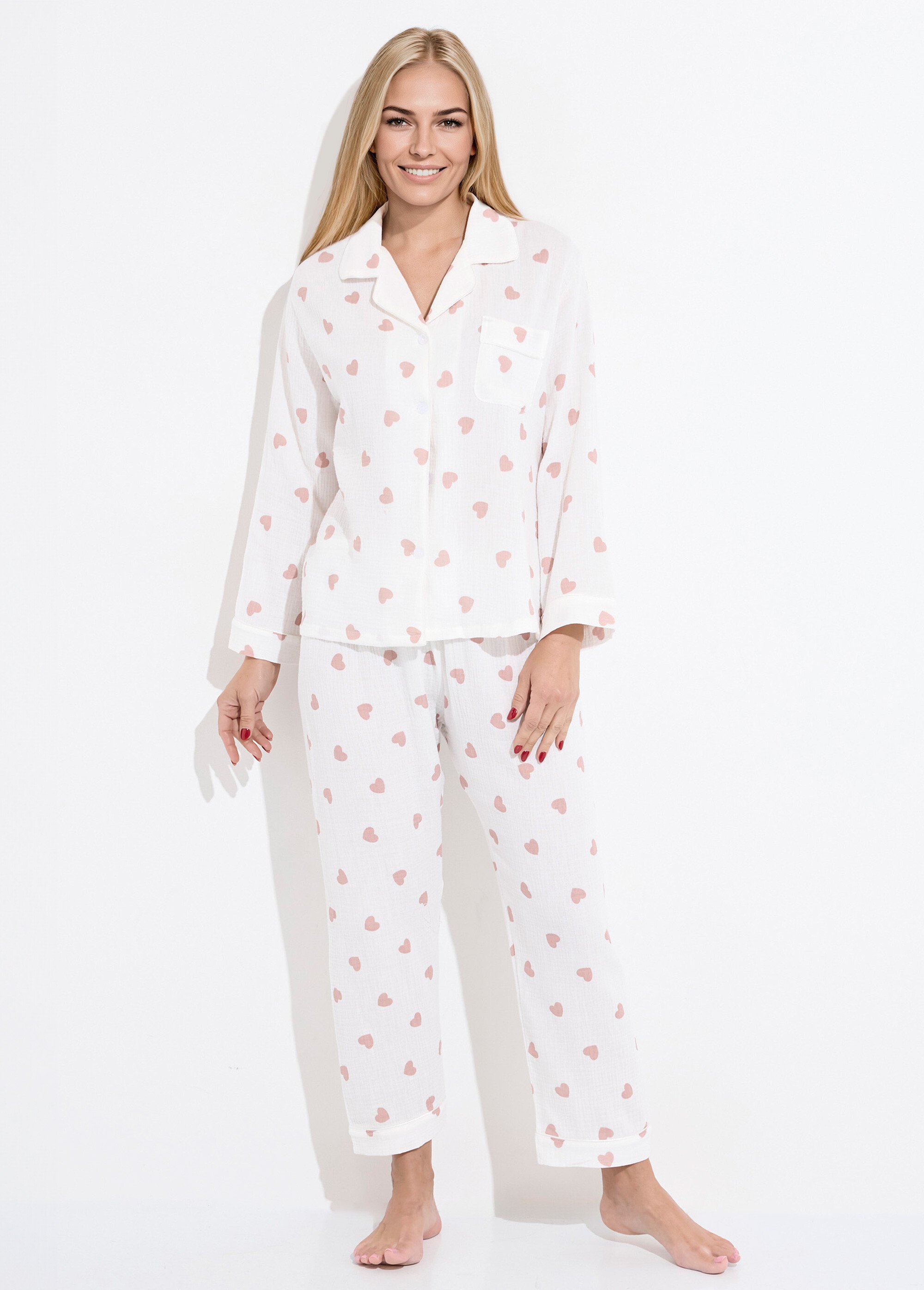 Pyjama long en gaze de coton motif cœurs Femme Blanc H-NPJT192 FA1