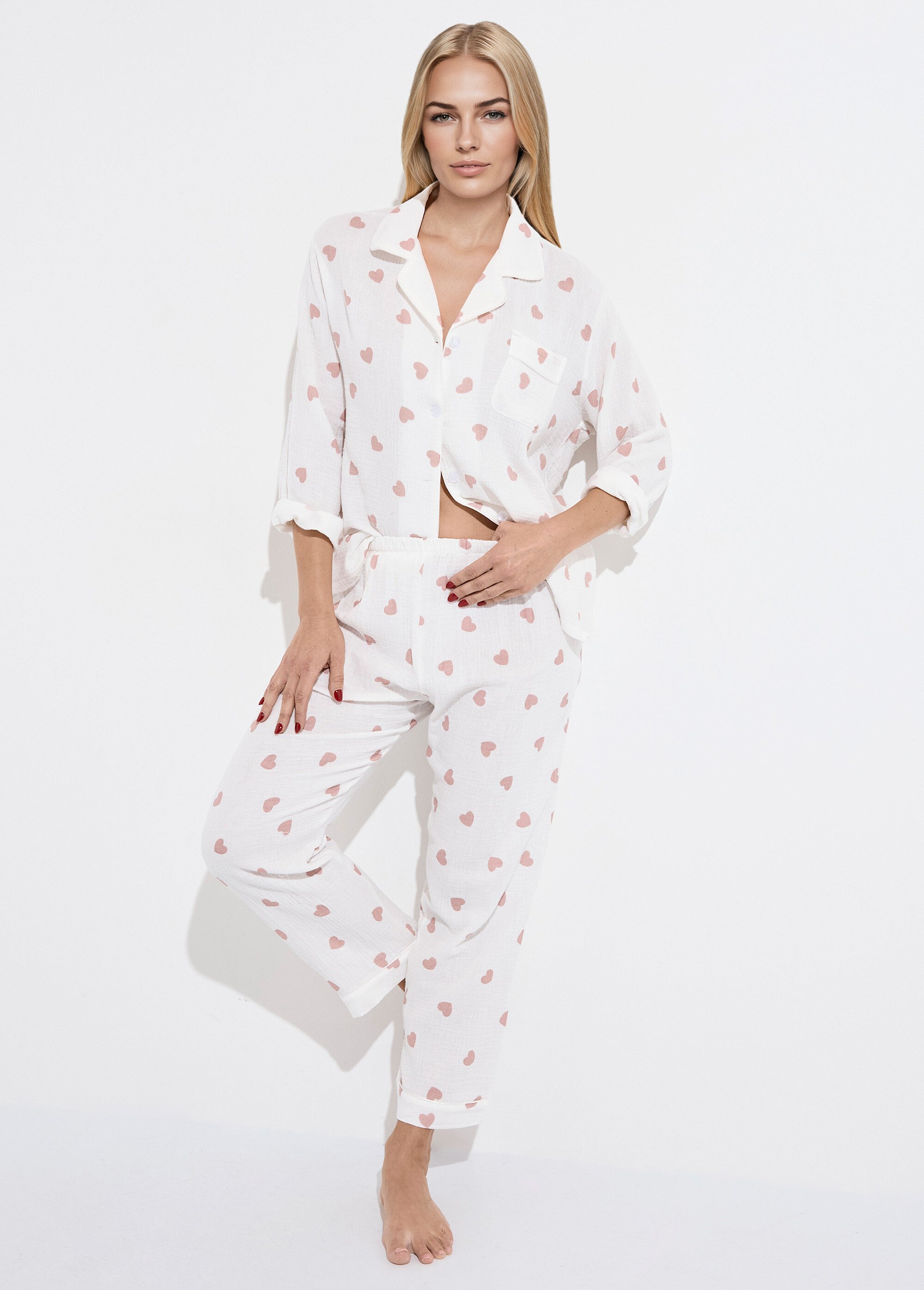 Pyjama long en gaze de coton motif cœurs Femme Blanc H-NPJT192 MV1
