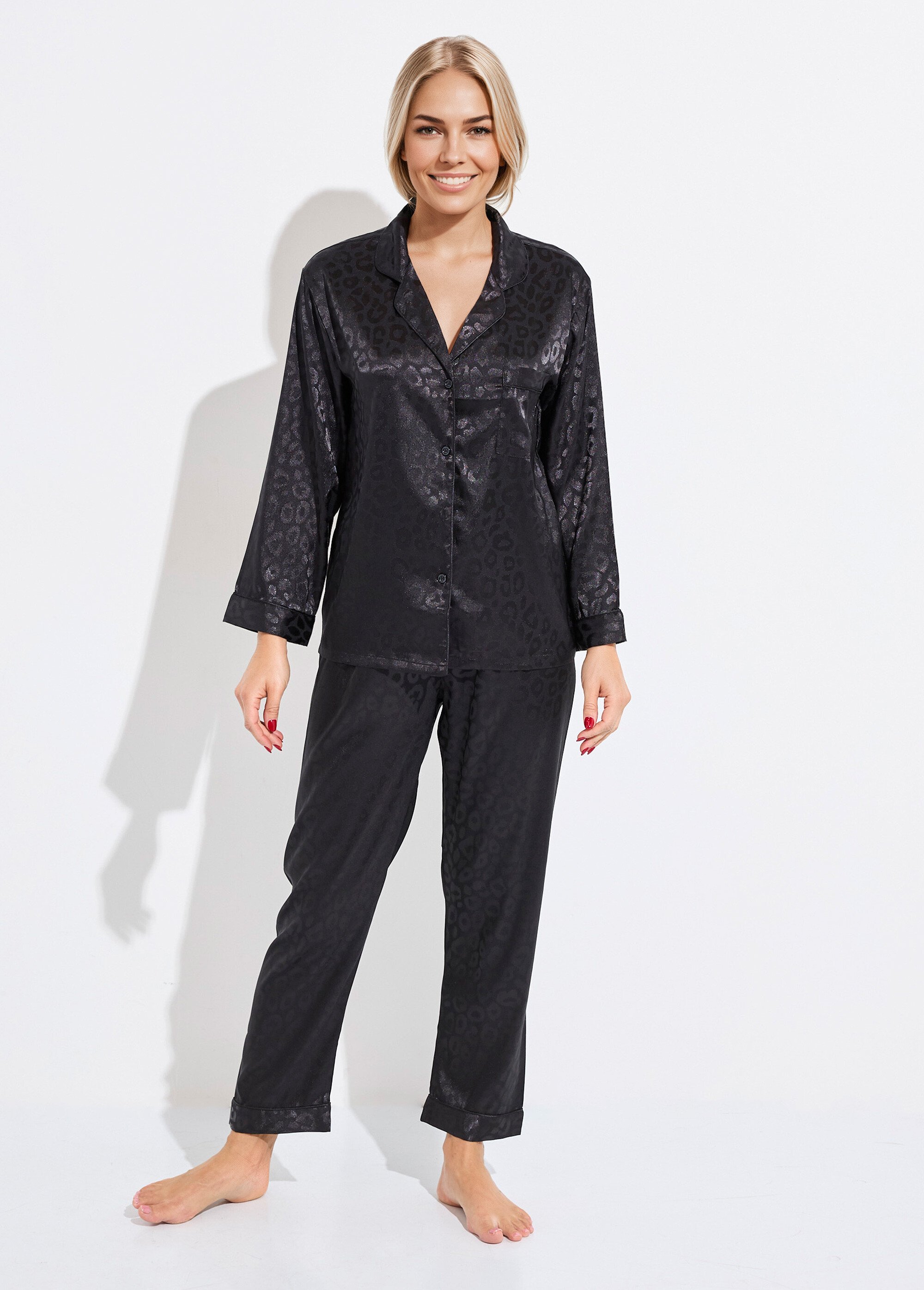 Pyjama long en satin motif léopard Femme Noir H-NT156 FA1