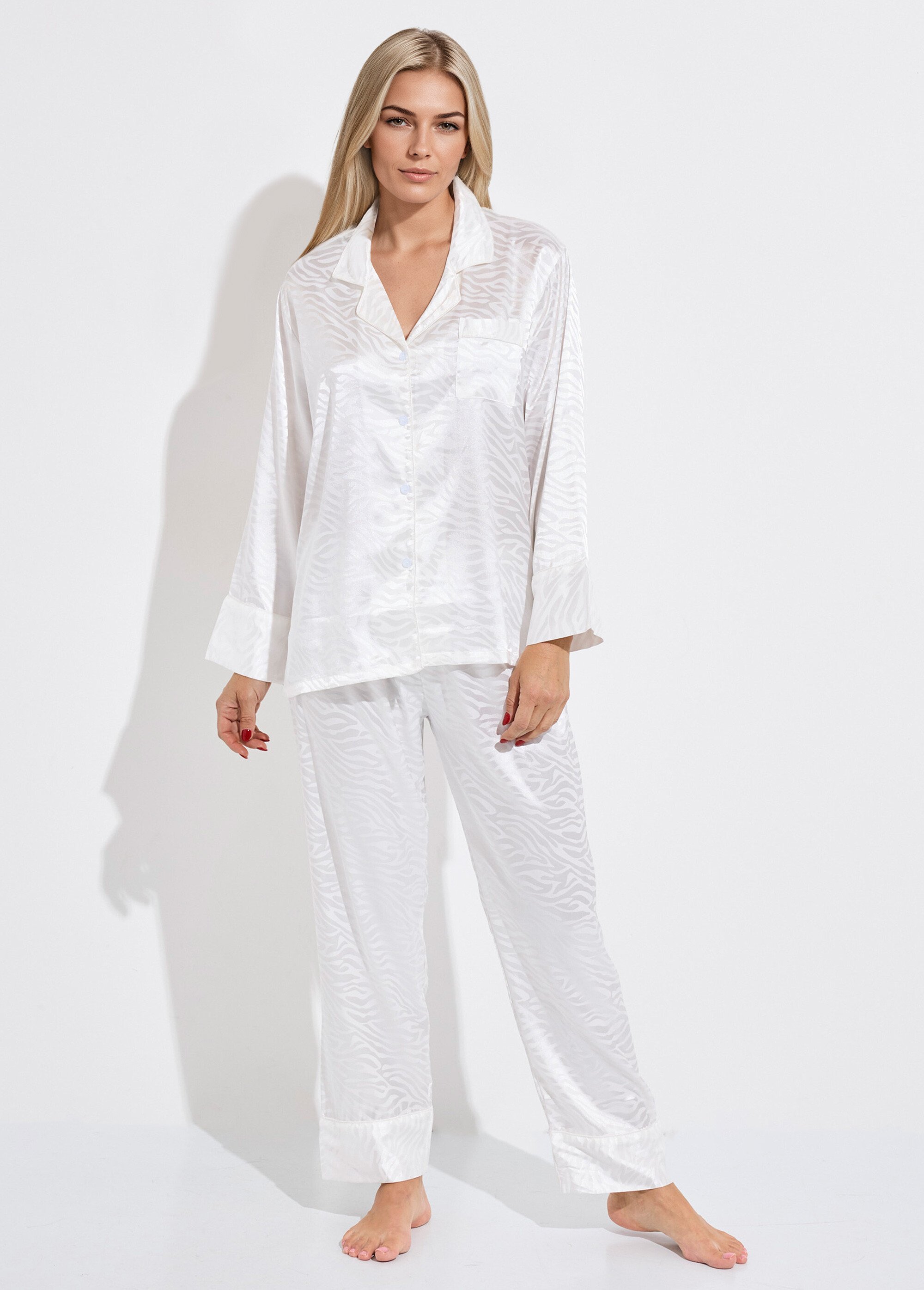 Pyjama long en satin motif zébré Femme Blanc H-NT053 FA1