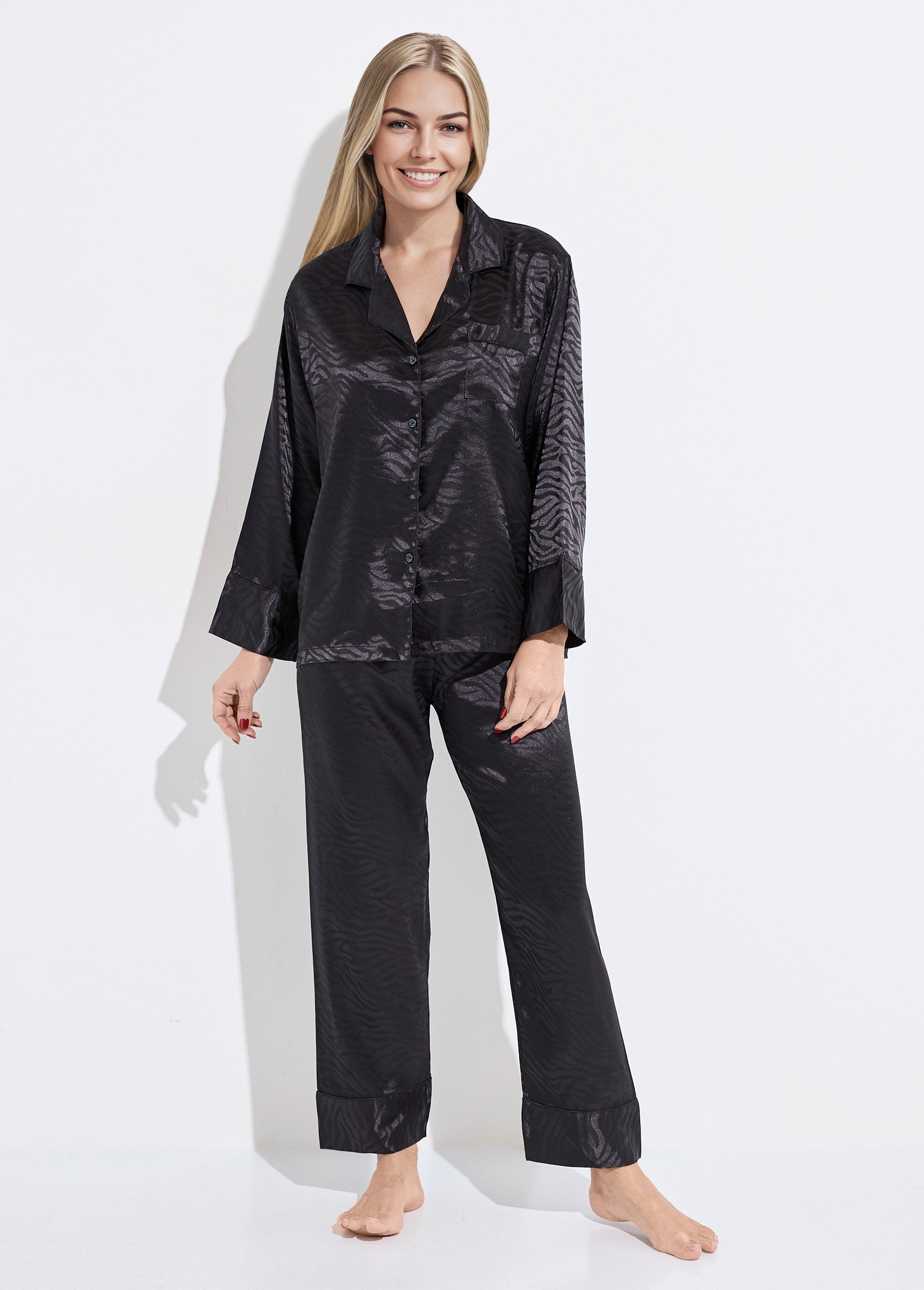 Pyjama long en satin motif zébré Femme Noir H-NT053 FA1