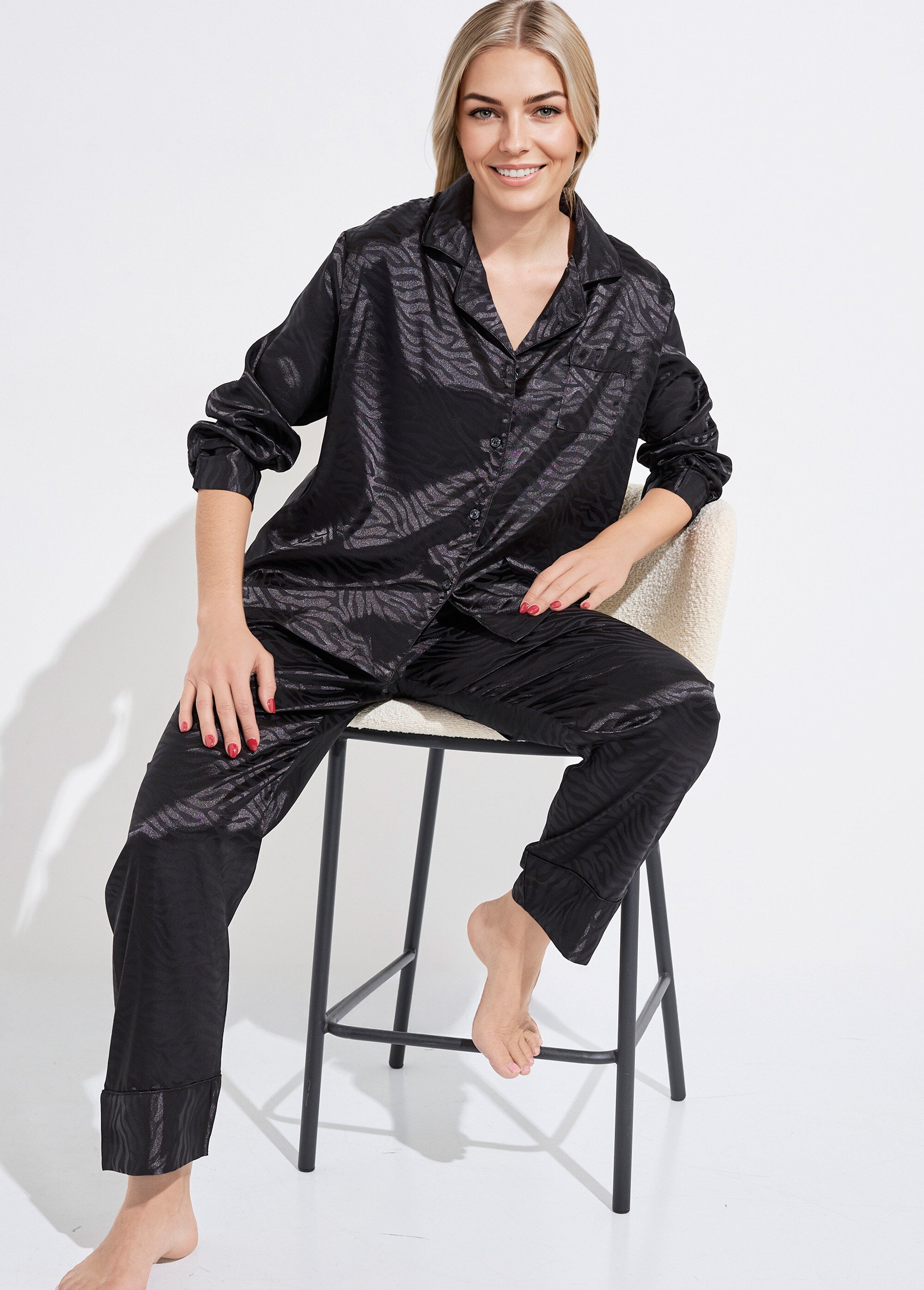 Pyjama long en satin motif zébré Femme Noir H-NT053 MV1