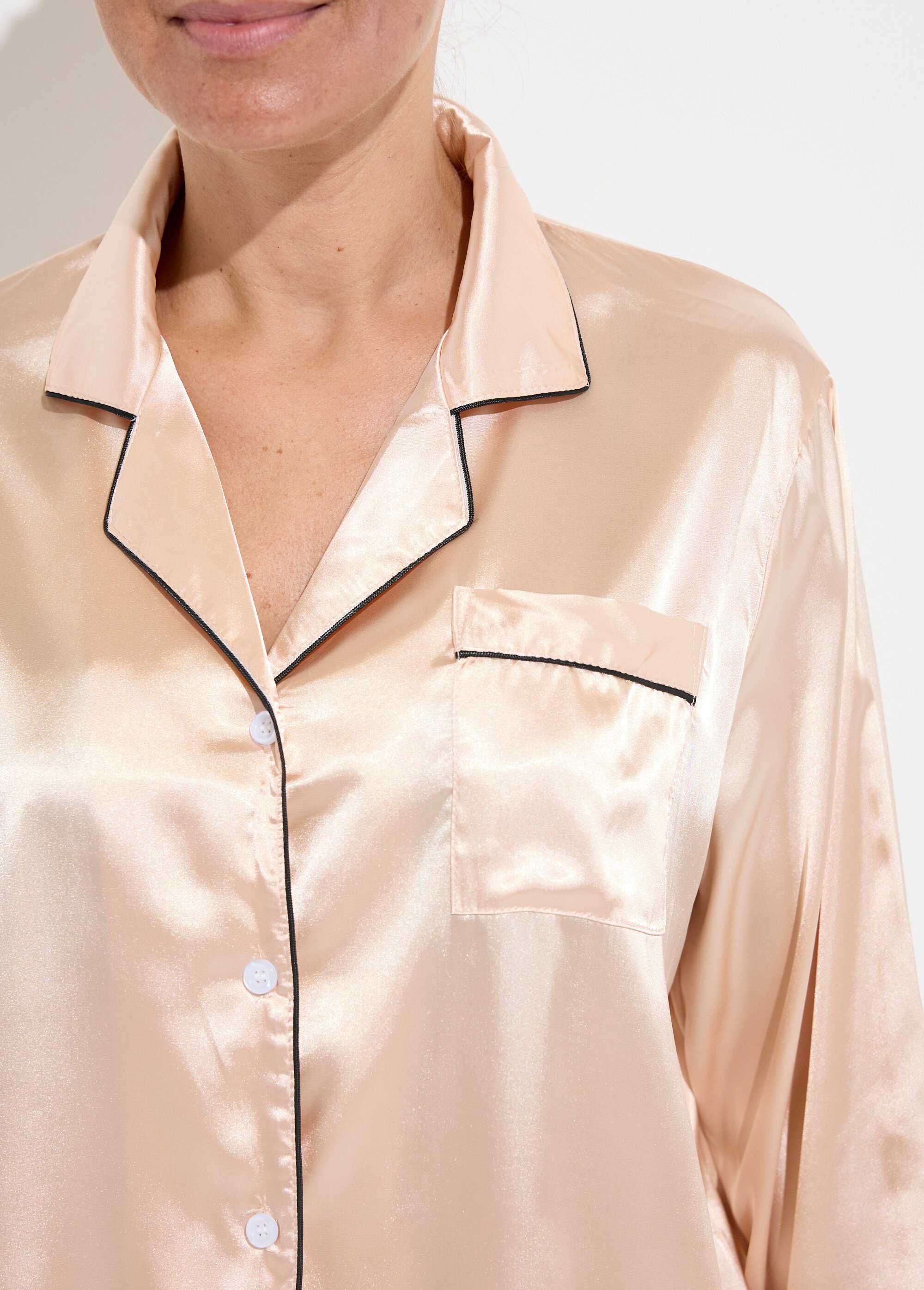 Pyjama long satin passepoil contrastant Femme Beige H-NT137 DE1
