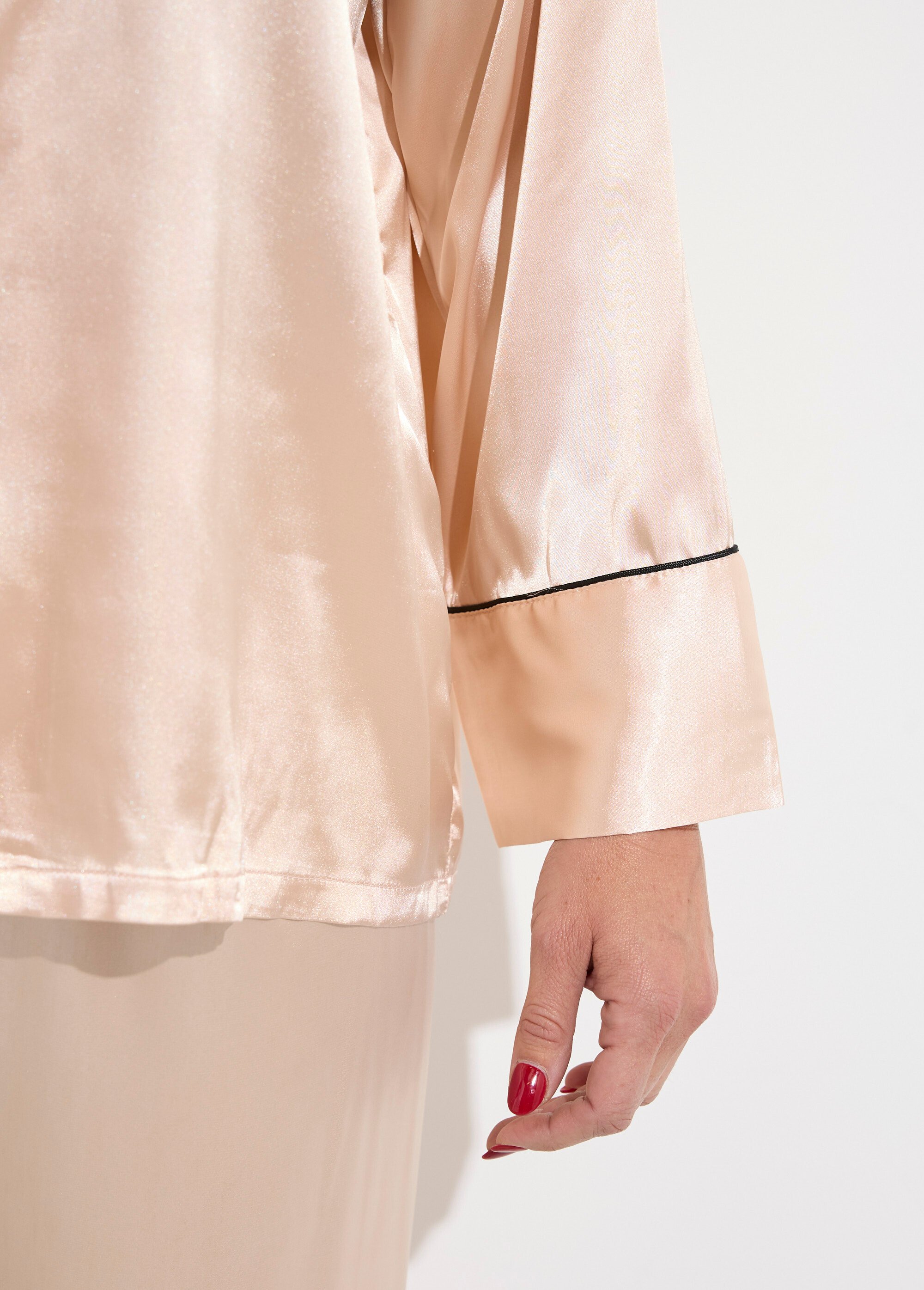 Pyjama long satin passepoil contrastant Femme Beige H-NT137 DE2