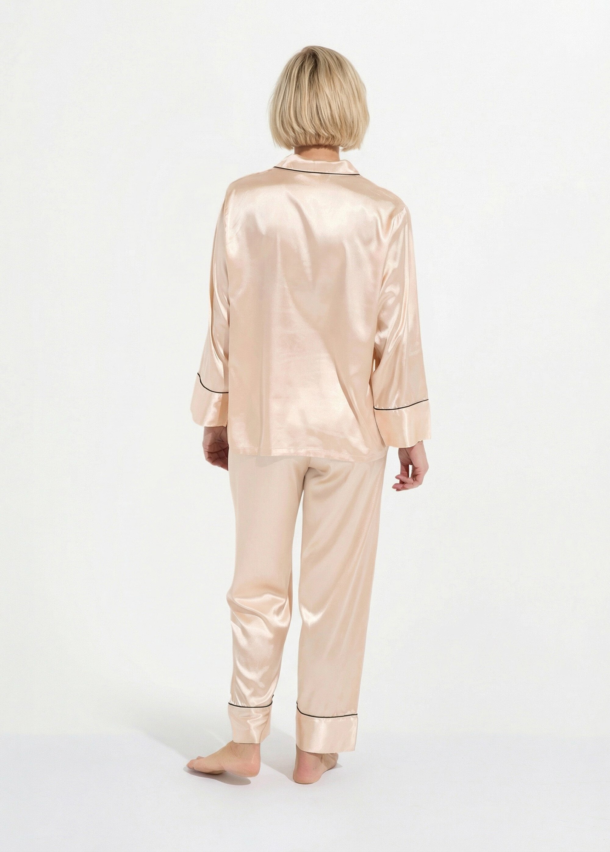 Pyjama long satin passepoil contrastant Femme Beige H-NT137 DO1