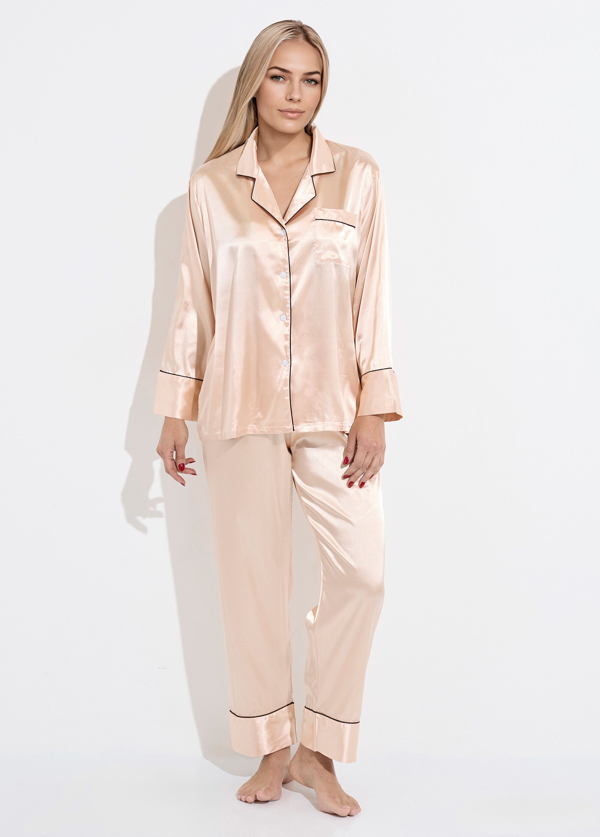 Pyjama long satin passepoil contrastant Femme Beige H-NT137 FA1
