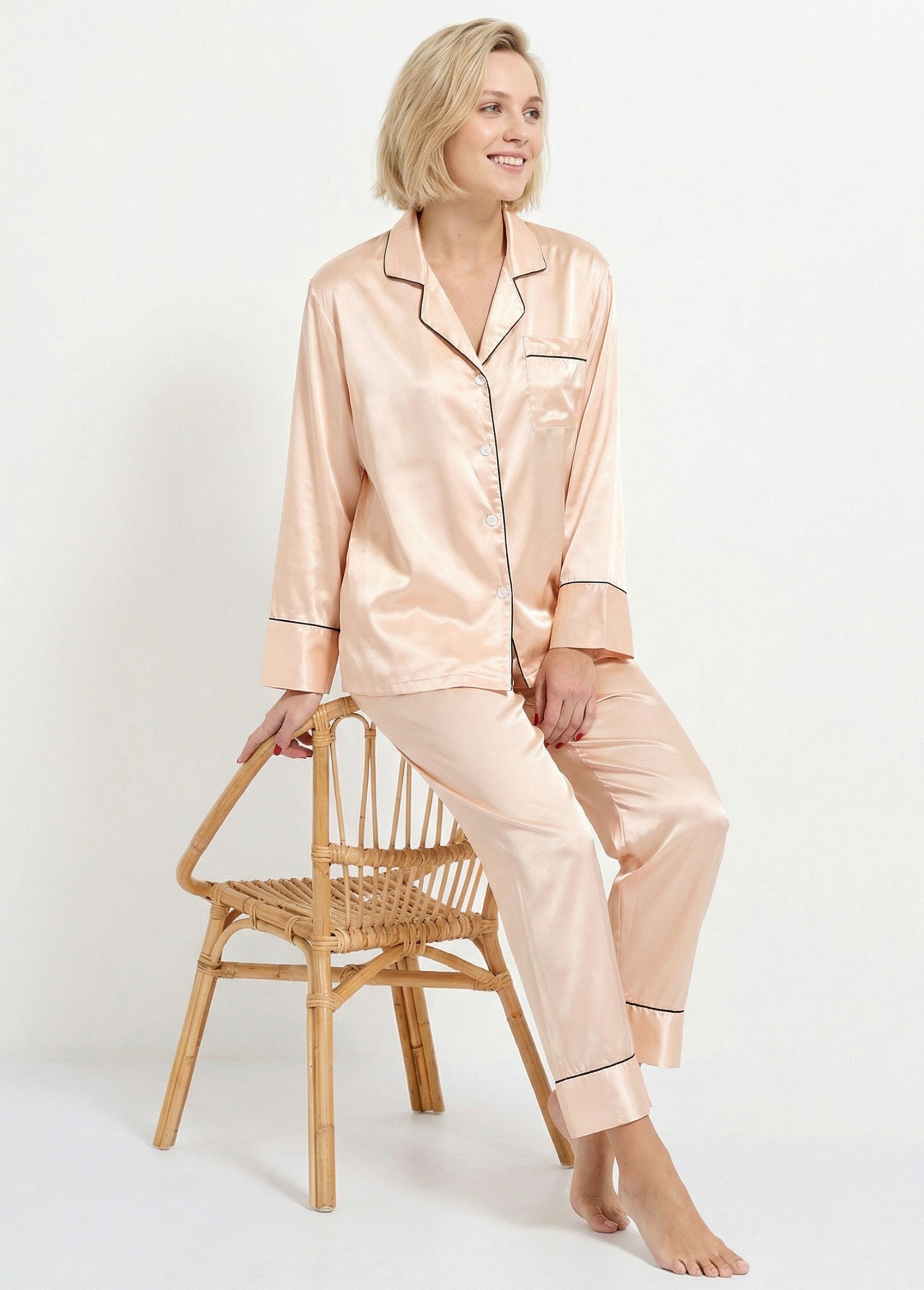 Pyjama long satin passepoil contrastant Femme Beige H-NT137 MV1