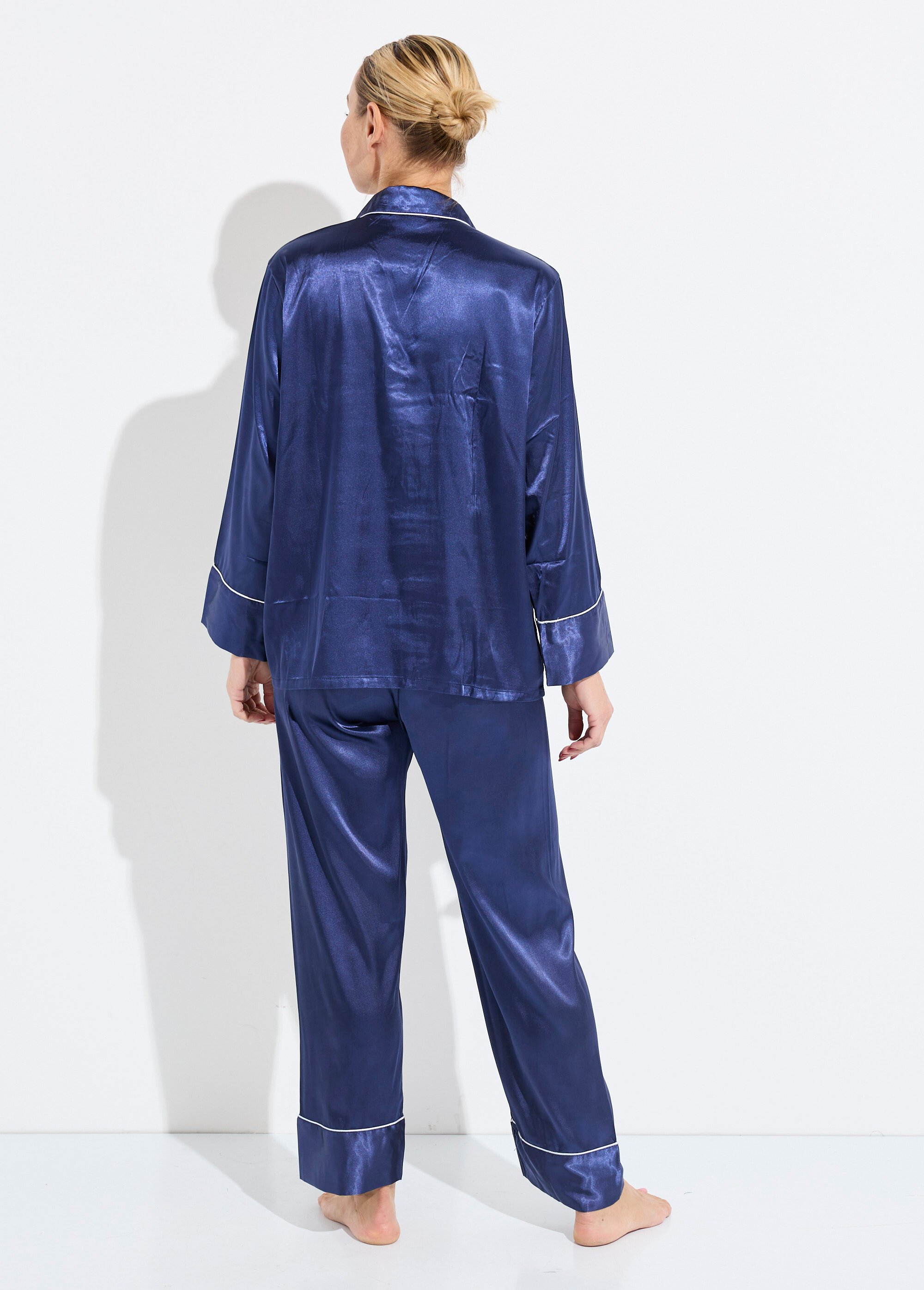 Pyjama long satin passepoil contrastant Femme Bleu H-NT137 DO1