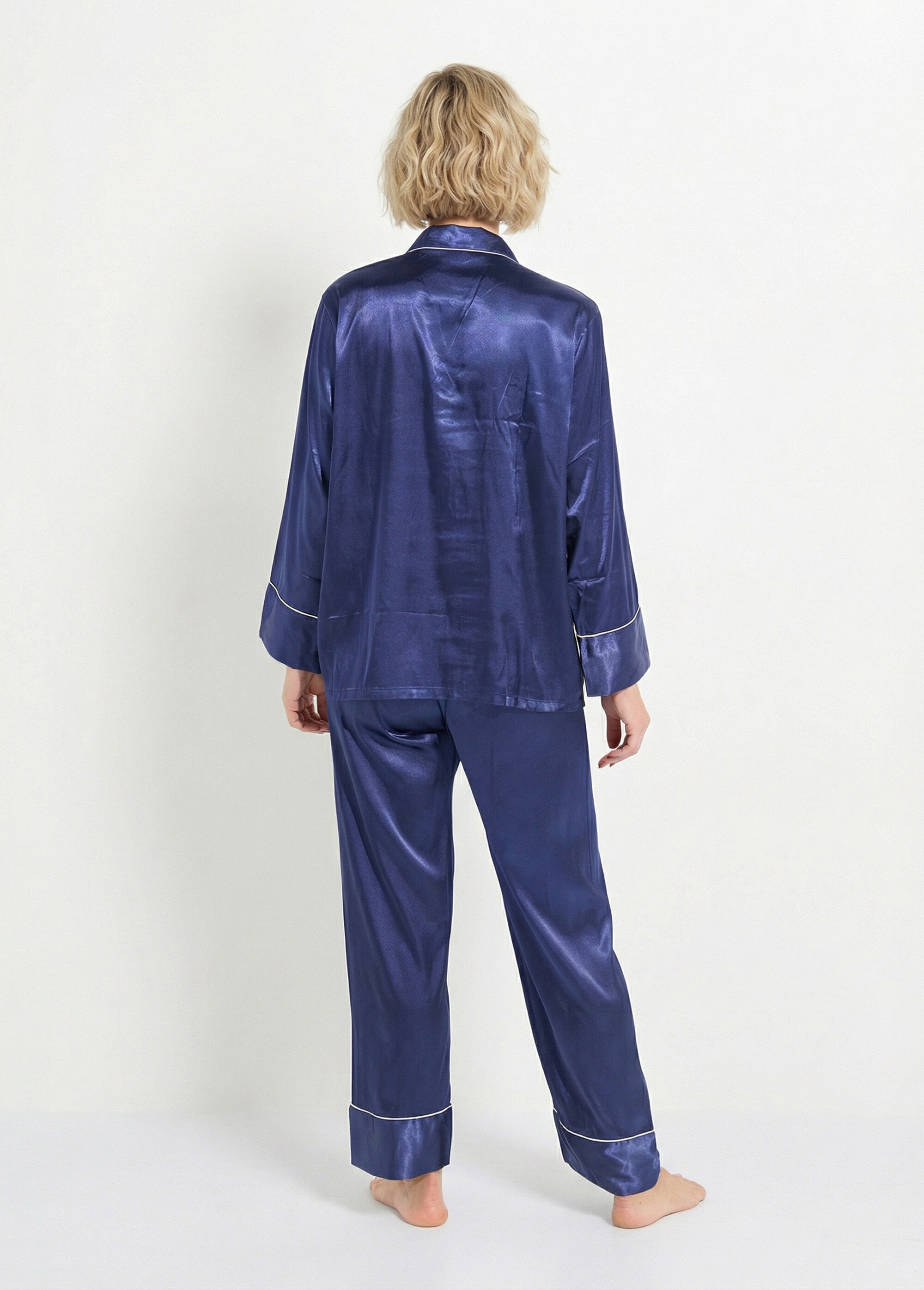 Pyjama long satin passepoil contrastant Femme Bleu H-NT137 DO1