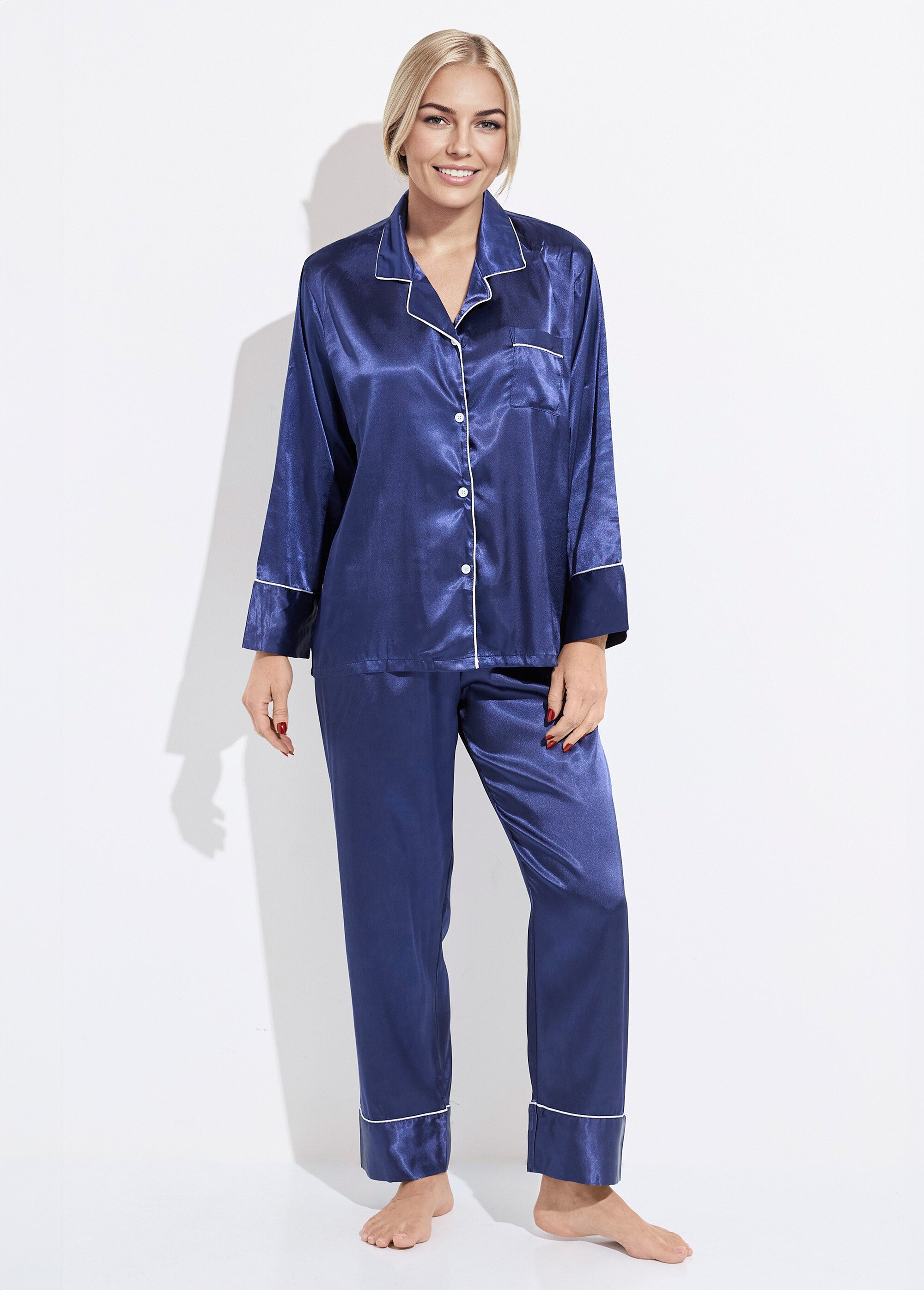 Pyjama long satin passepoil contrastant Femme Bleu H-NT137 FA1