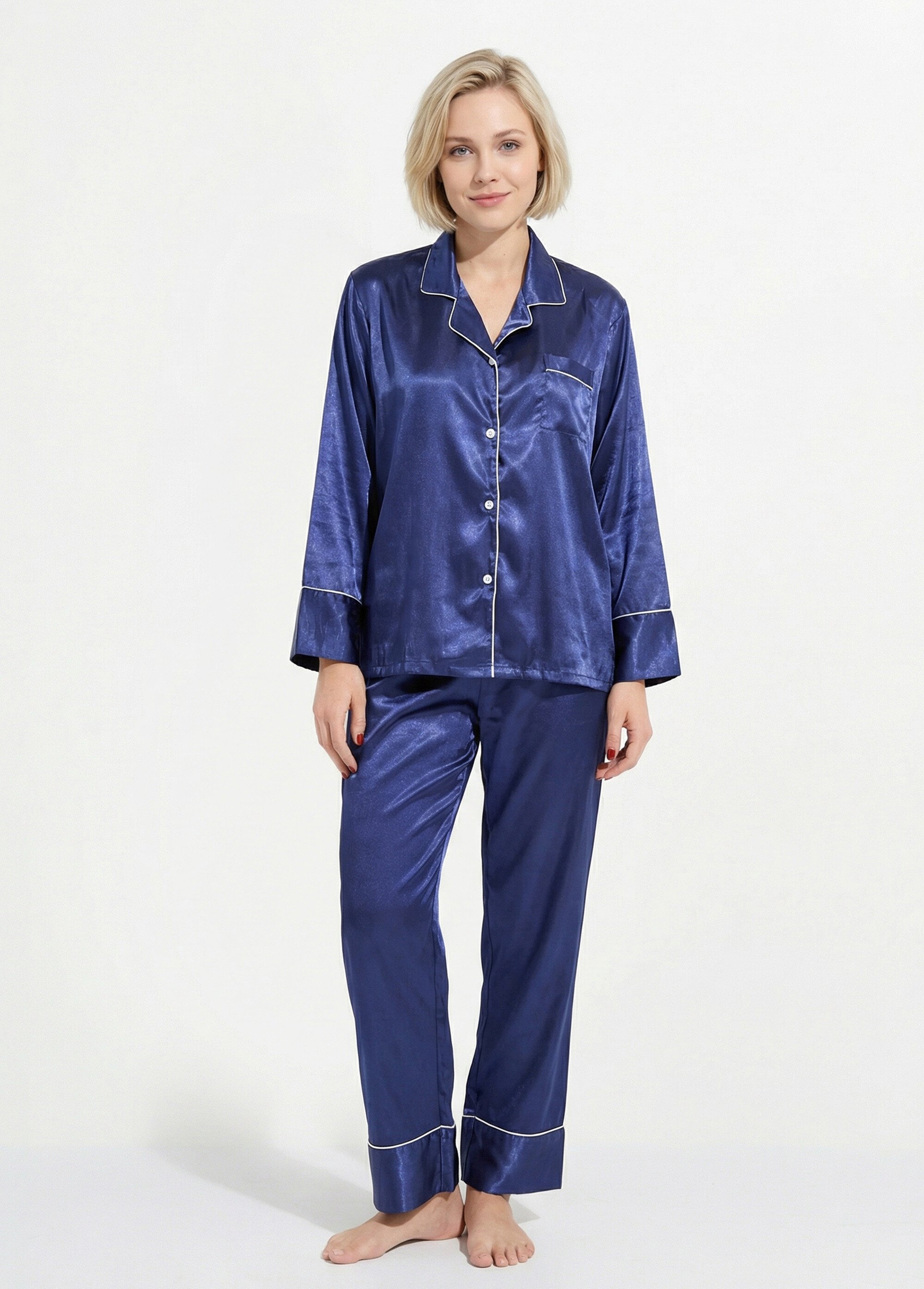 Pyjama long satin passepoil contrastant Femme Bleu H-NT137 FA1