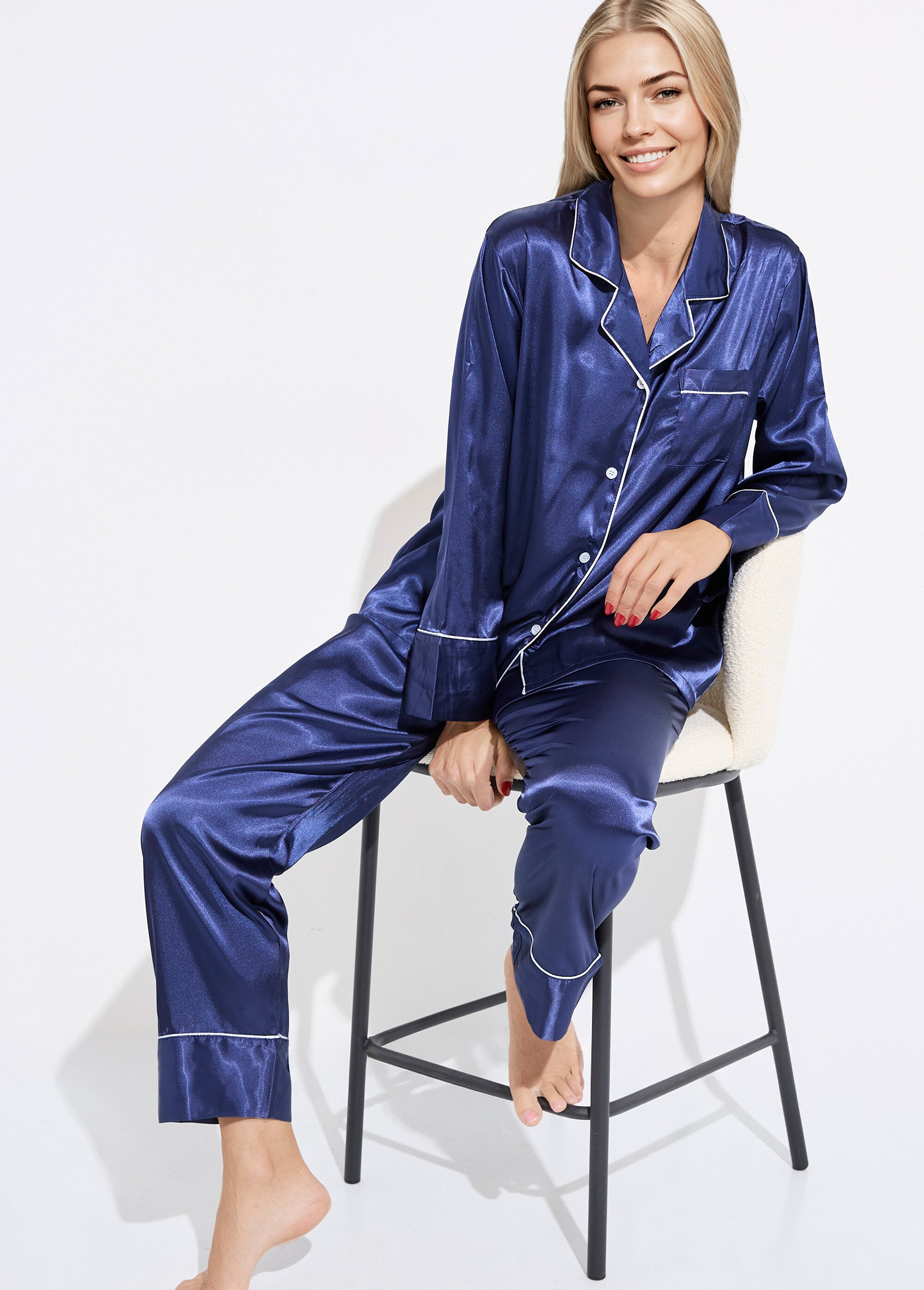 Pyjama long satin passepoil contrastant Femme Bleu H-NT137 MV1