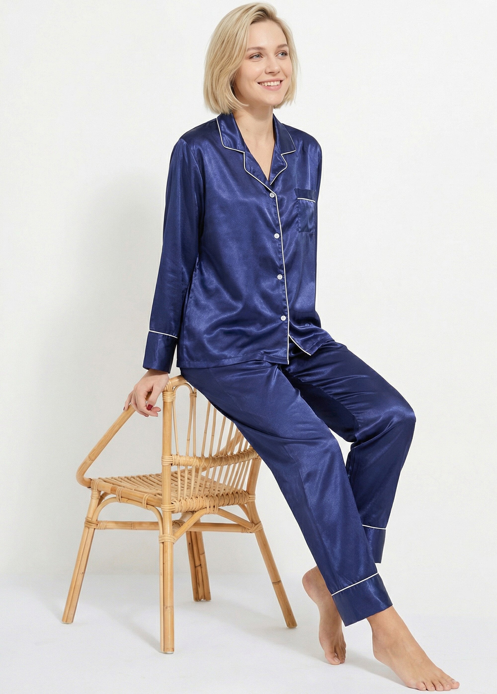 Pyjama long satin passepoil contrastant Femme Bleu H-NT137 MV1