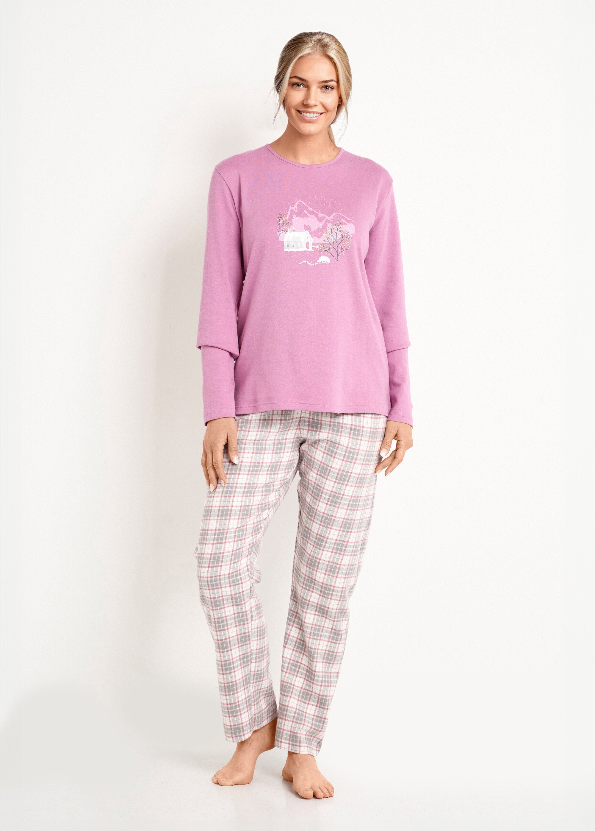 Pyjama pantalon chaud coton flanelle carreaux Femme Violet SOUFIO FA1
