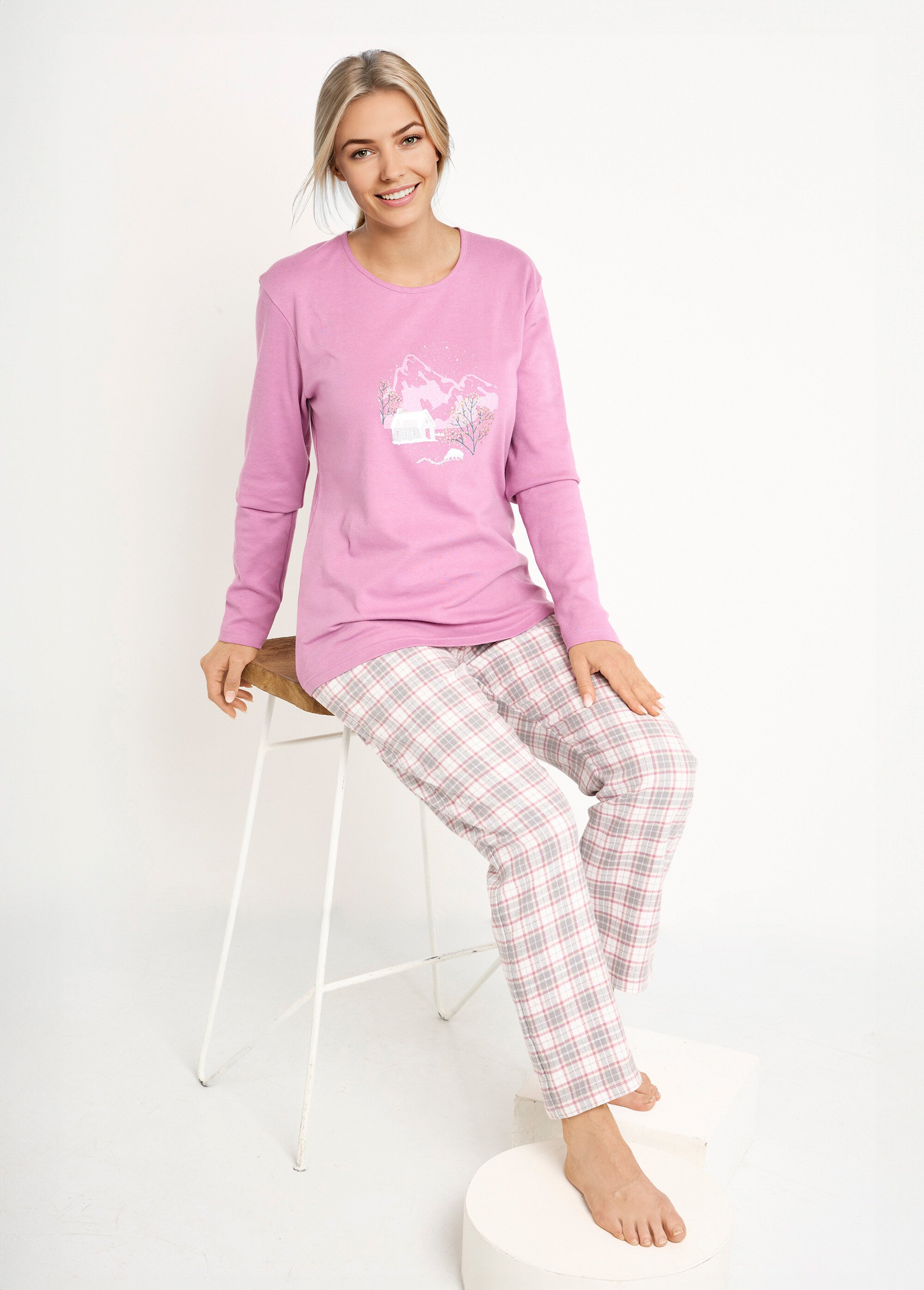 Pyjama pantalon chaud coton flanelle carreaux Femme Violet SOUFIO MV1