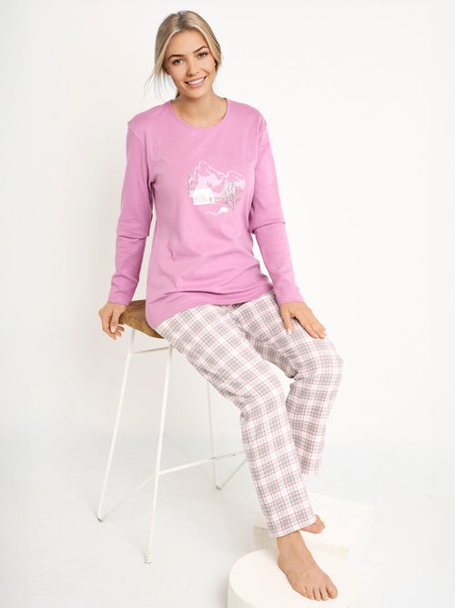 Pyjama pantalon chaud coton flanelle carreaux Femme Violet SOUFIO MV1