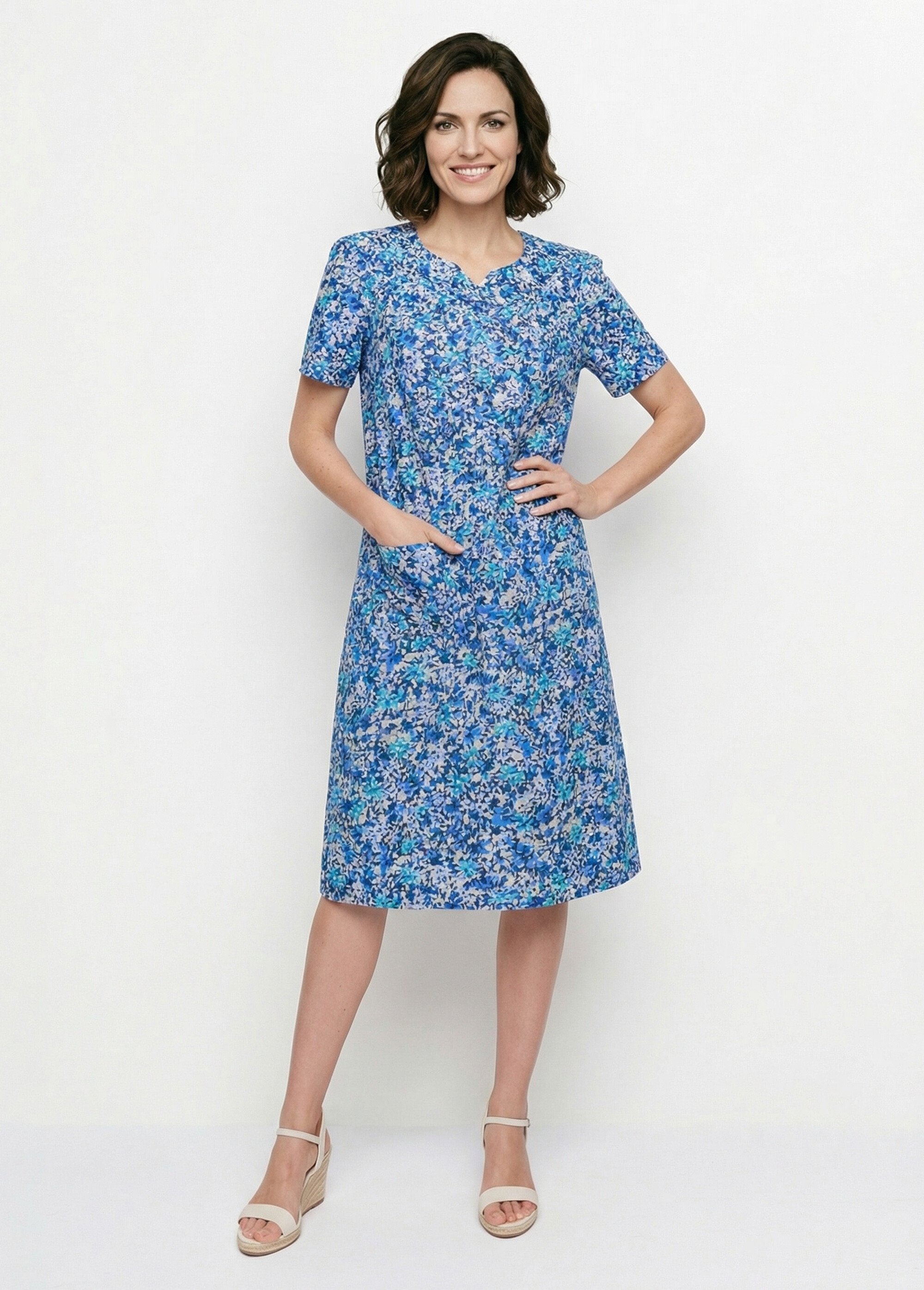 Robe-tablier mi-longue imprimée Femme Bleu ANJOU MV1