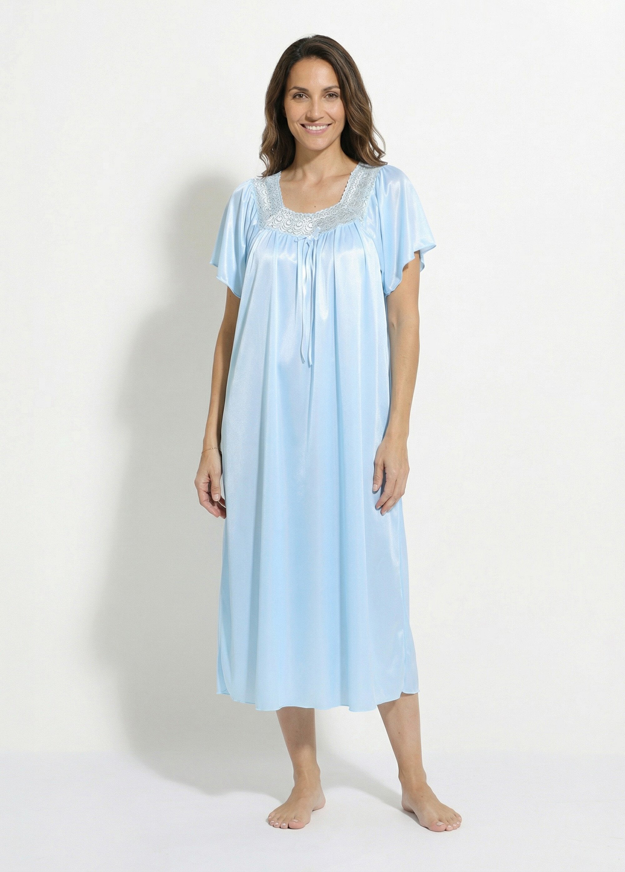 Chemise de nuit satinée longue antistatique dentelle Turquoise