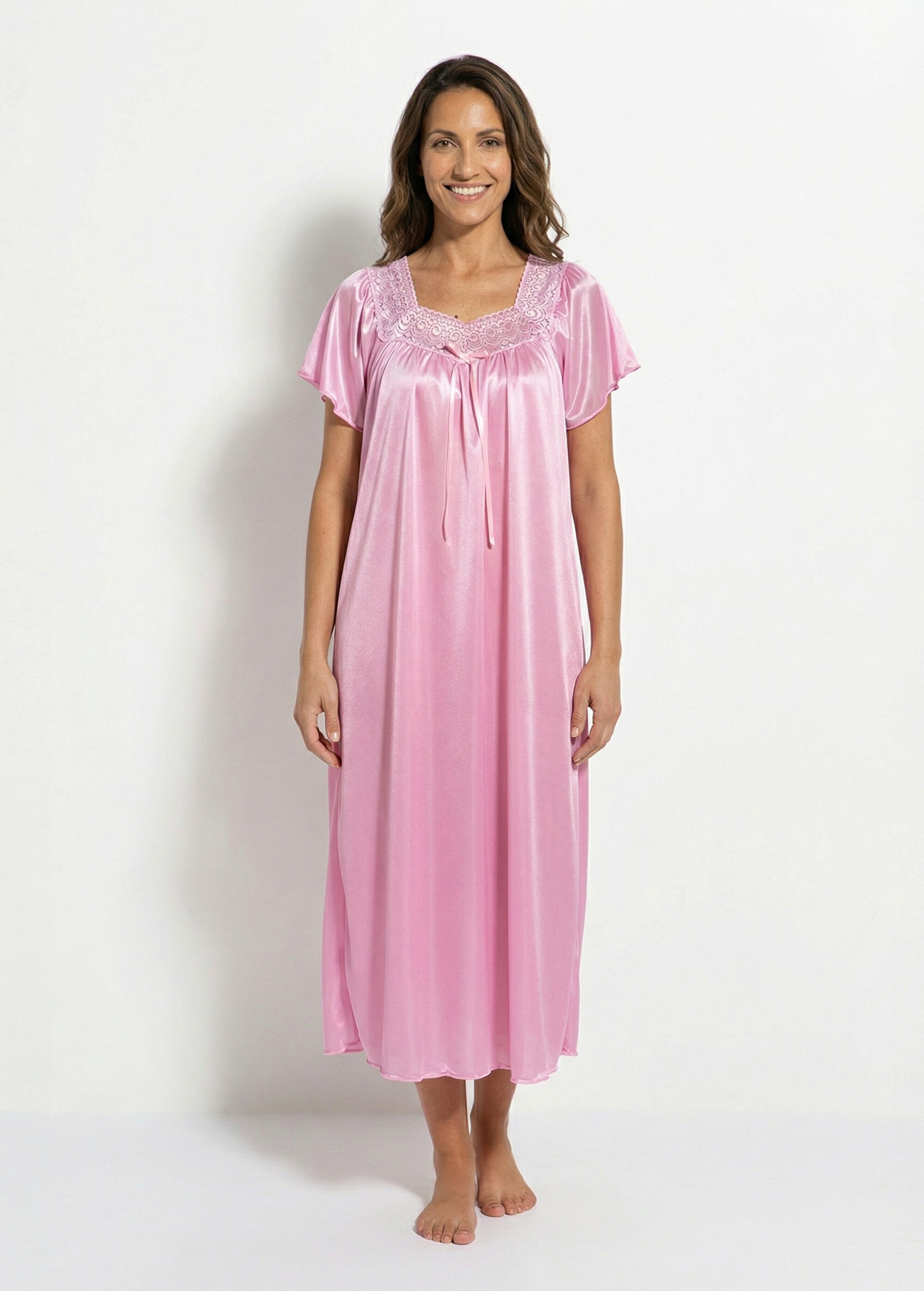 Chemise de nuit satinée longue antistatique dentelle Femme Rose SCARPE FA1
