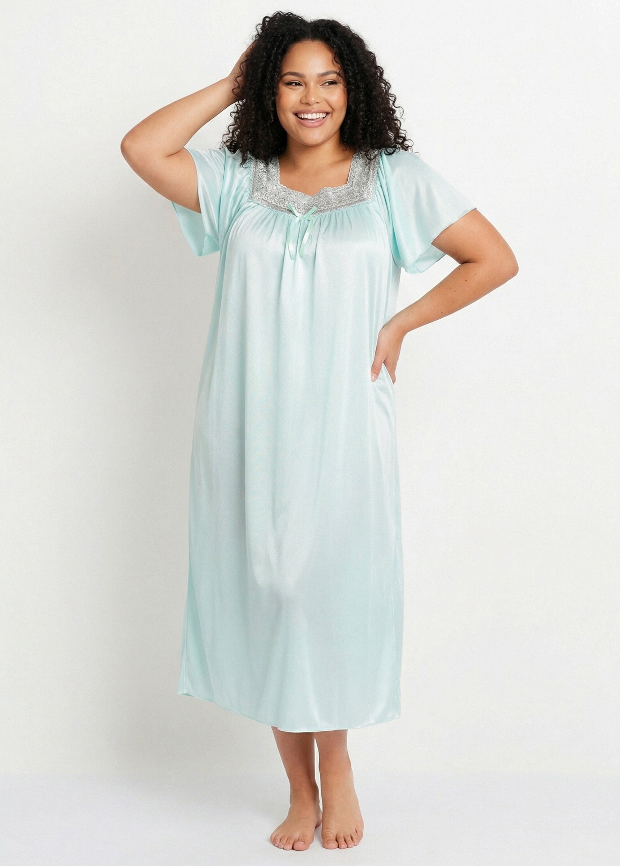 Chemise de nuit satinée longue antistatique dentelle Femme Grande Taille Vert SCARPE MV1