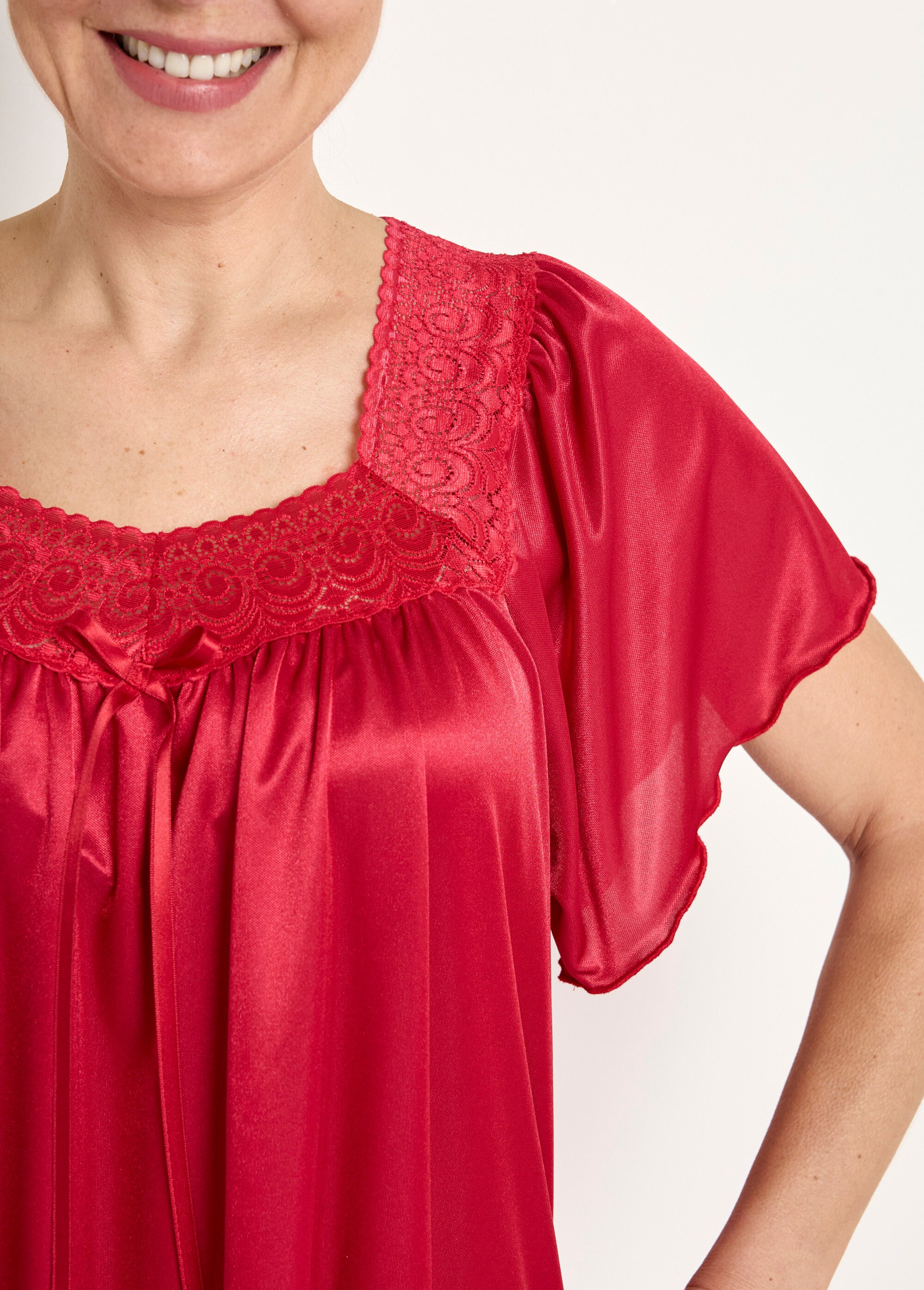 Chemise de nuit satinée longue antistatique dentelle Rouge Afibel