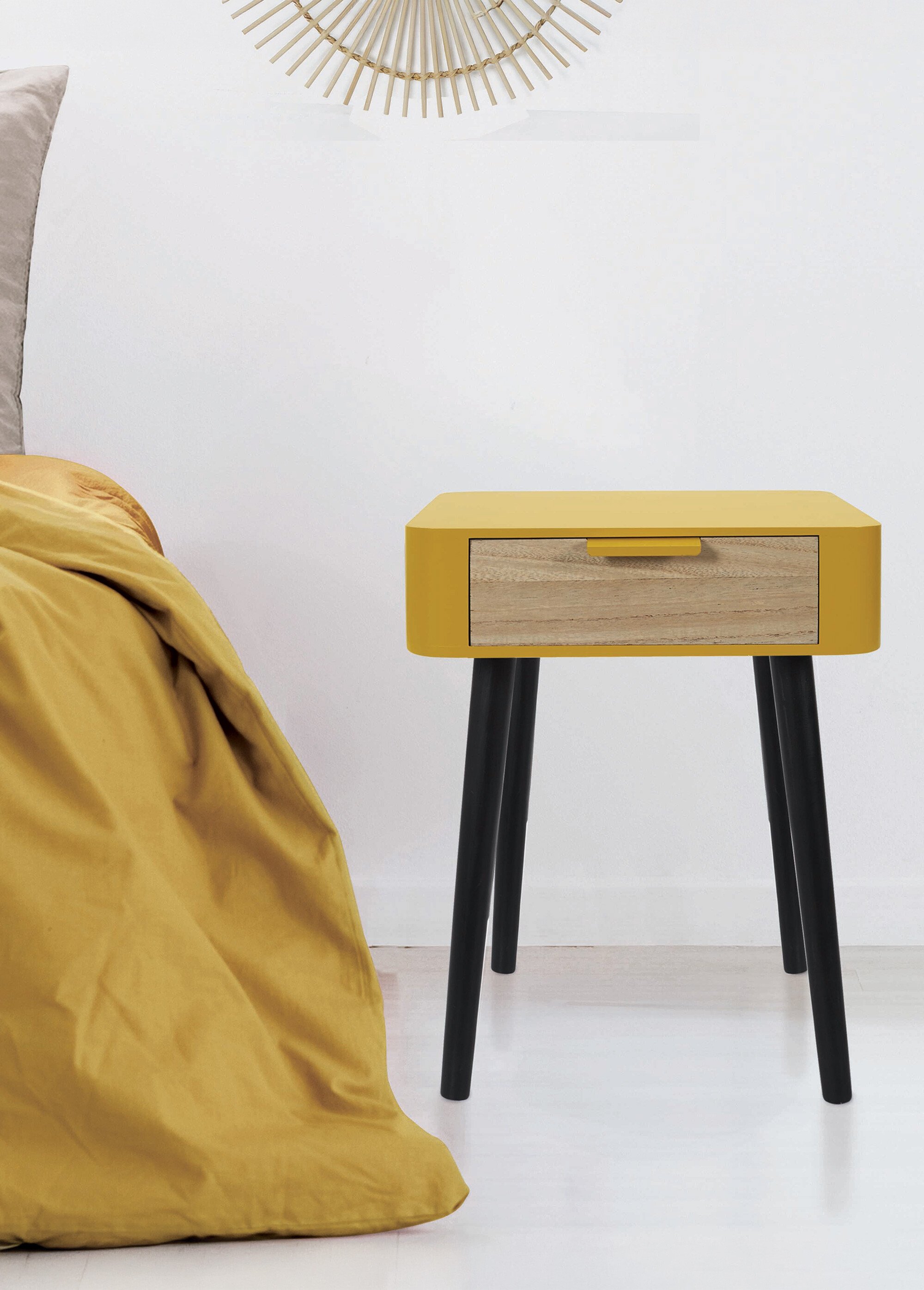 Chevet 1 tiroir, pieds compas en bois JAUNE CMP-HD7338 SI1