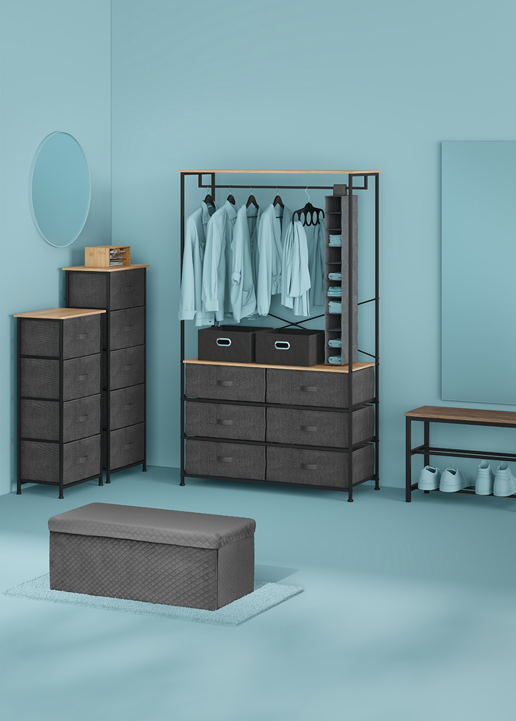 Penderie métal et bois + 6 tiroirs tissu NOIR JJA-193558 SI1