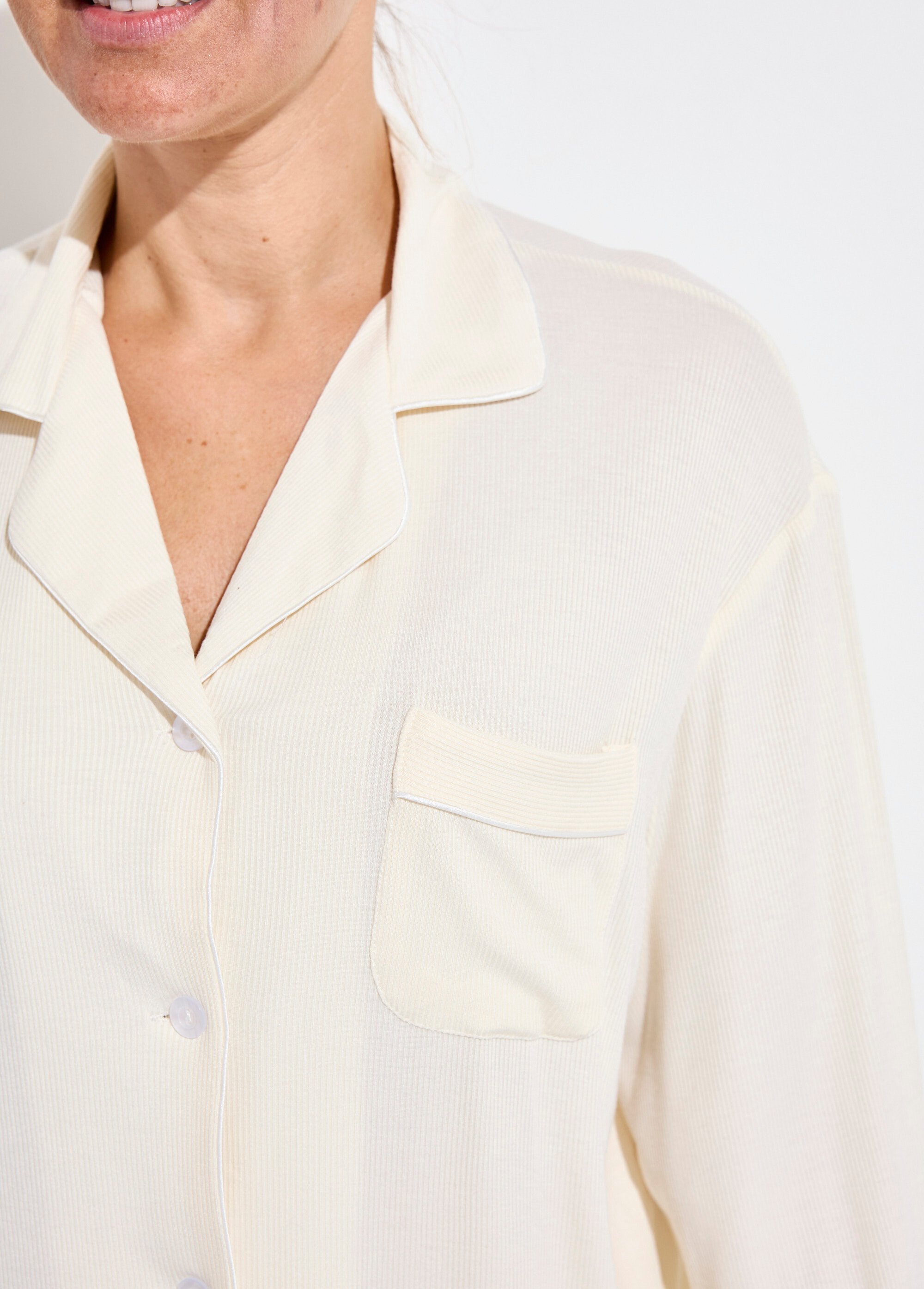 Pyjama long en maille cotelée Femme CREME H-N2119 DE1