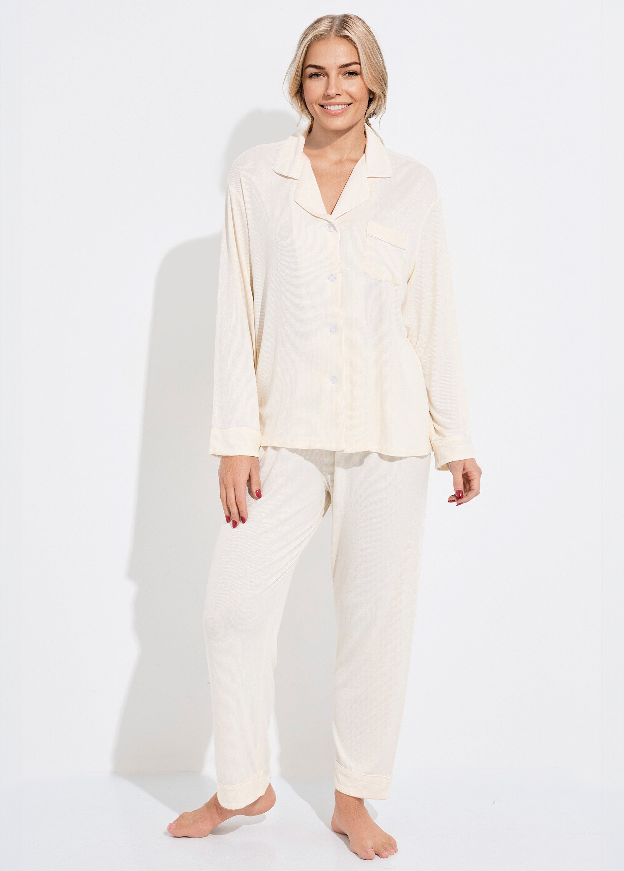 Pyjama long en maille cotelée Femme CREME H-N2119 FA1