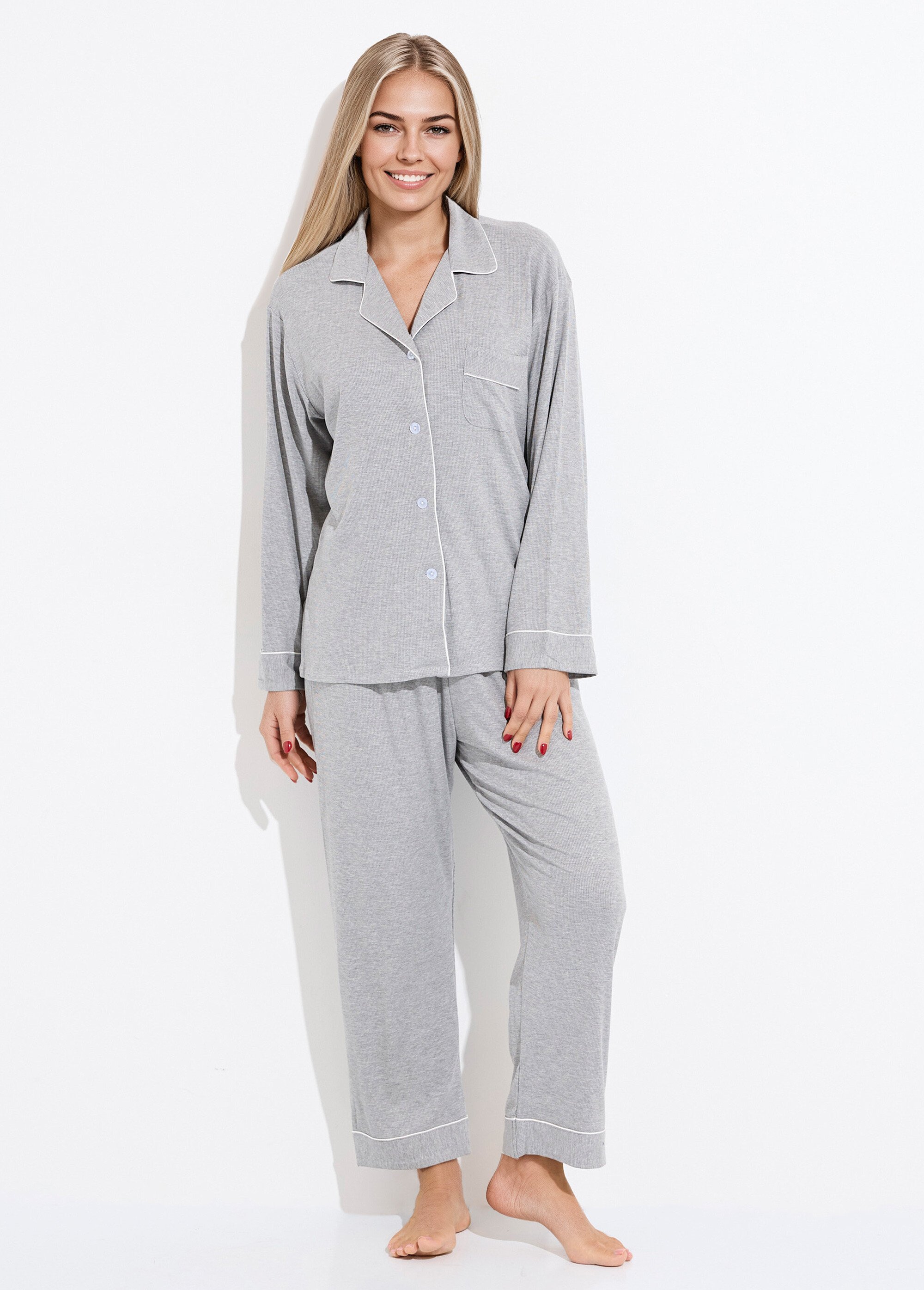 Pyjama long en maille cotelée Femme Gris H-N2119 FA1