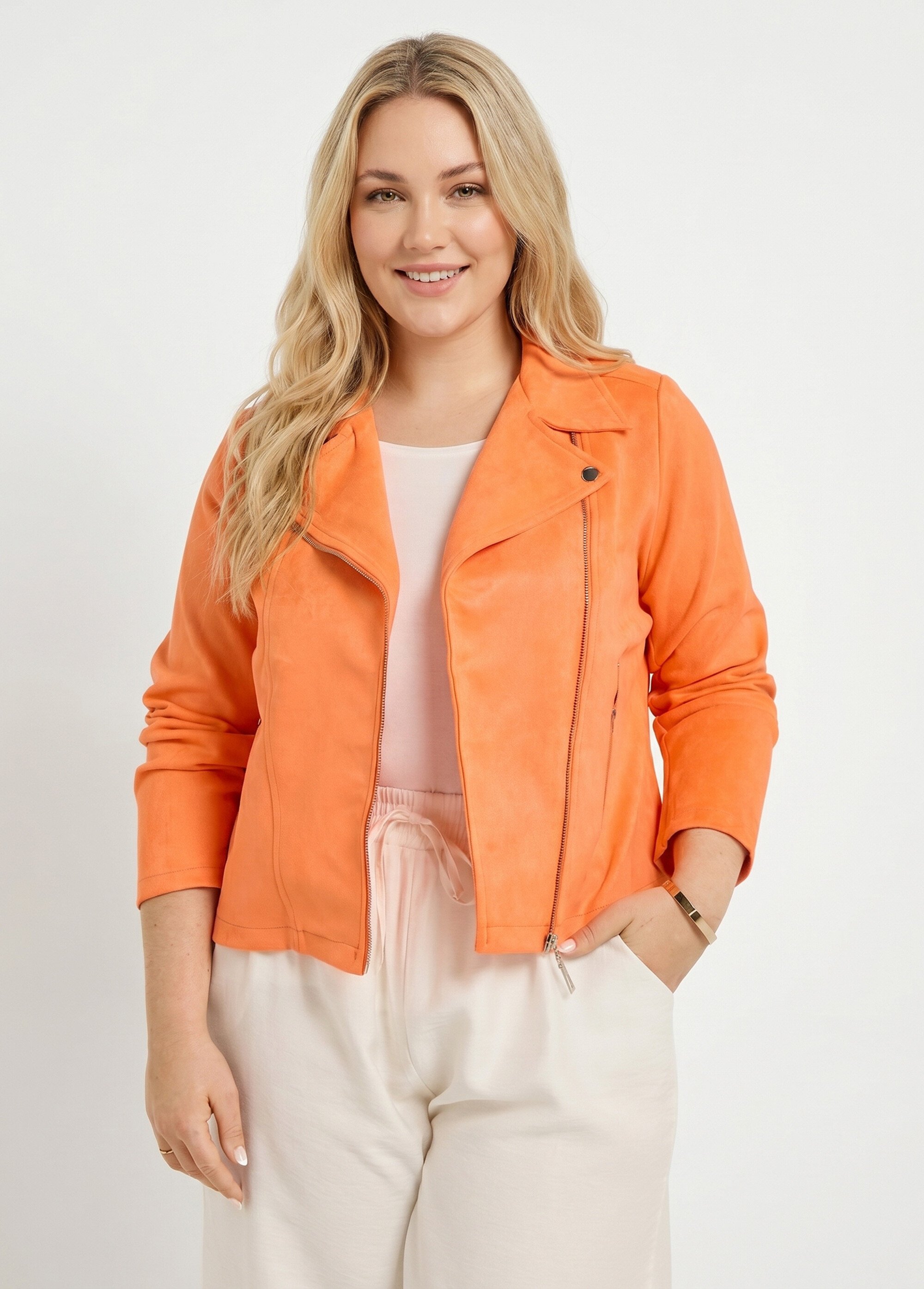 Veste de motard zippée en suédine Femme Grande Taille Orange CHY-H007 FA1