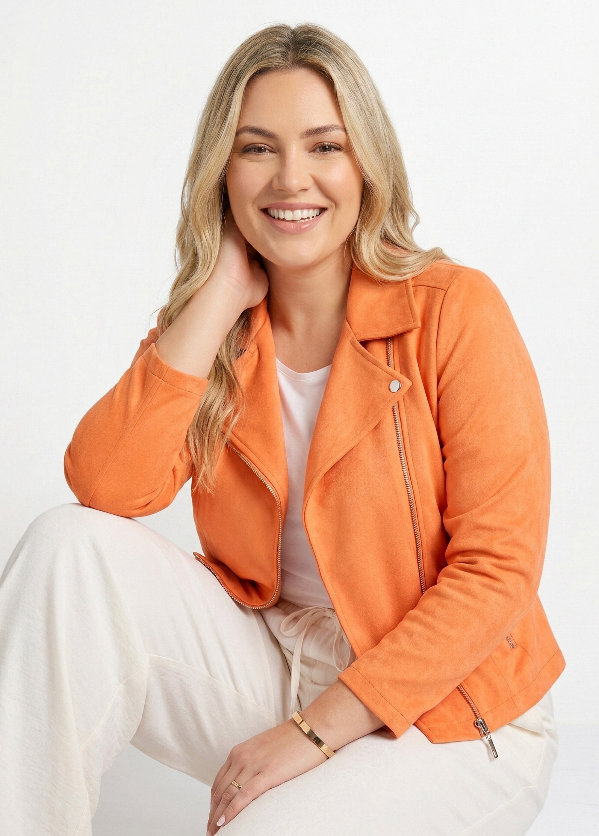 Veste de motard zippée en suédine Femme Grande Taille Orange CHY-H007 MV1