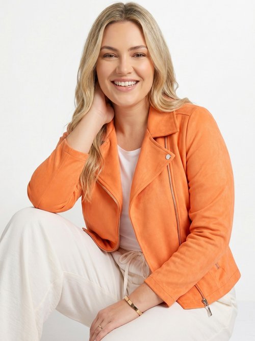 Veste de motard zippée en suédine Femme Grande Taille Orange CHY-H007 MV1